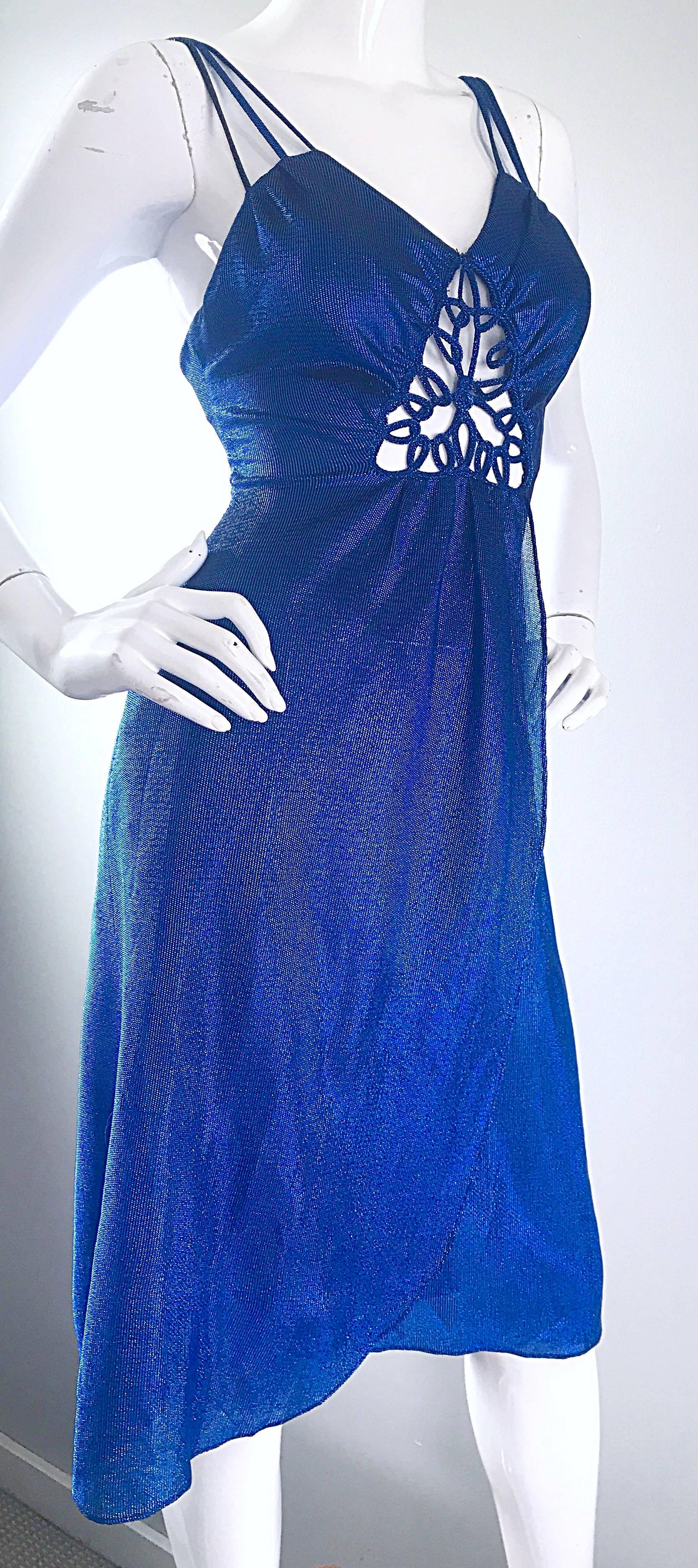 1970s Samir Sexy Electric Blue Metallic Cut - Out Slinky Vintage 70s Disco Dress In Excellent Condition In San Diego, CA