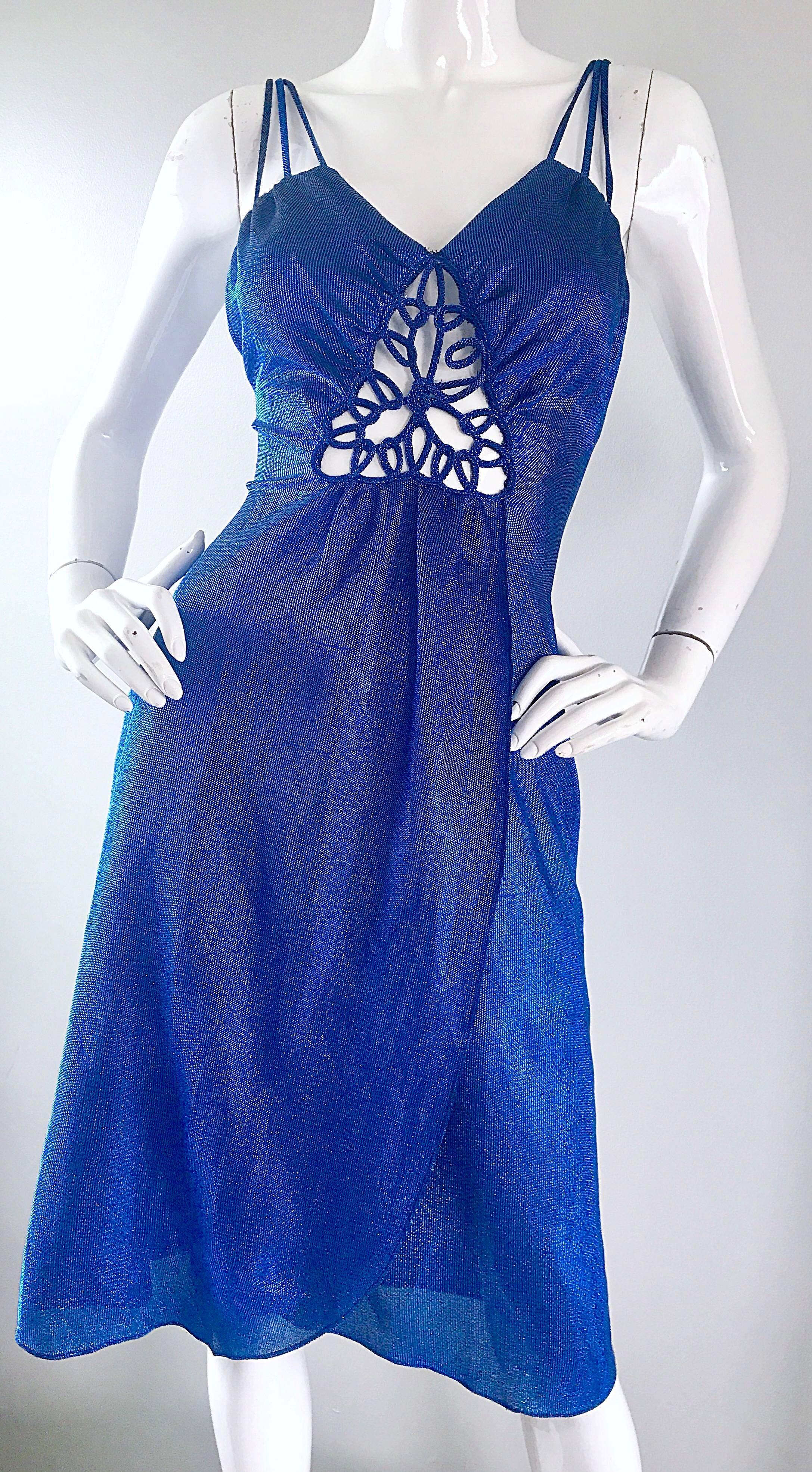 Women's 1970s Samir Sexy Electric Blue Metallic Cut - Out Slinky Vintage 70s Disco Dress