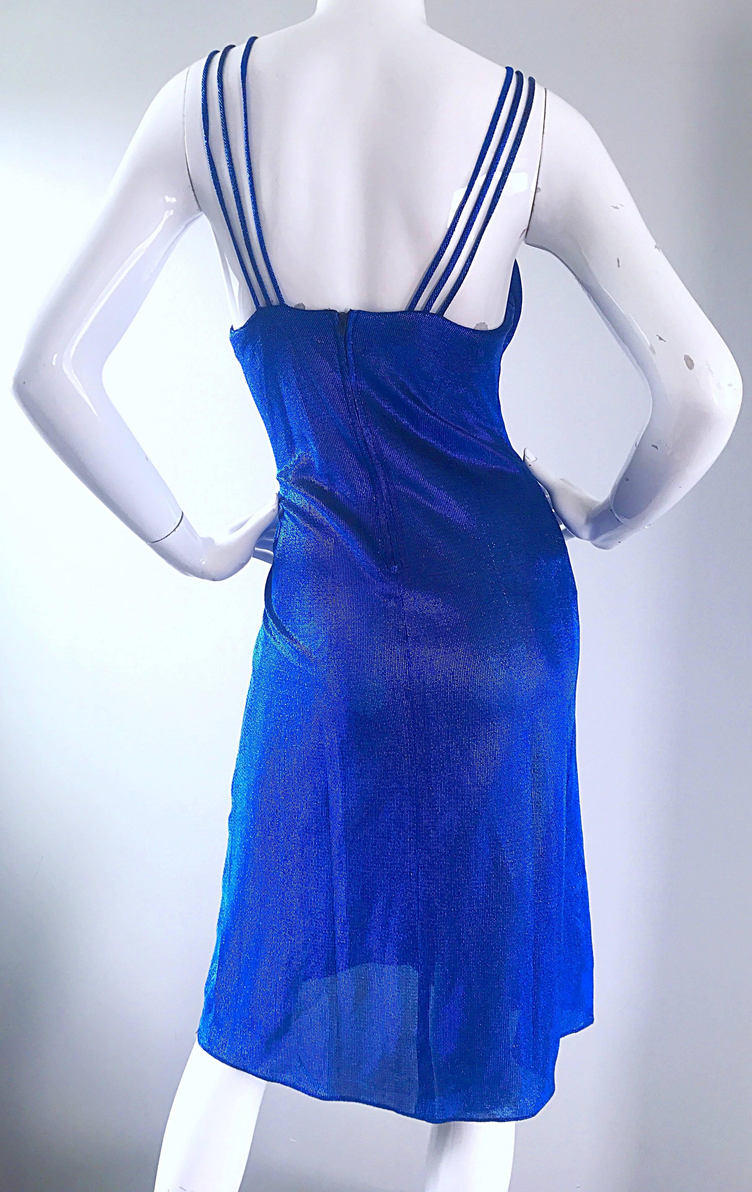 1970s Samir Sexy Electric Blue Metallic Cut - Out Slinky Vintage 70s Disco Dress 1