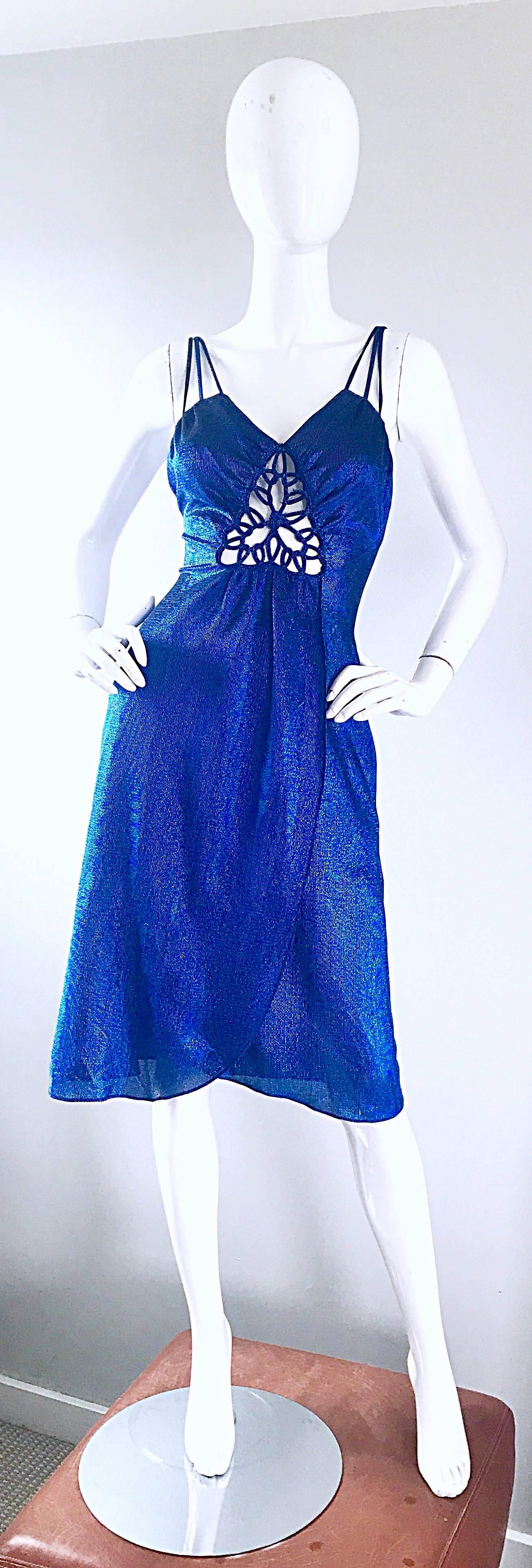 1970s Samir Sexy Electric Blue Metallic Cut - Out Slinky Vintage 70s Disco Dress 2