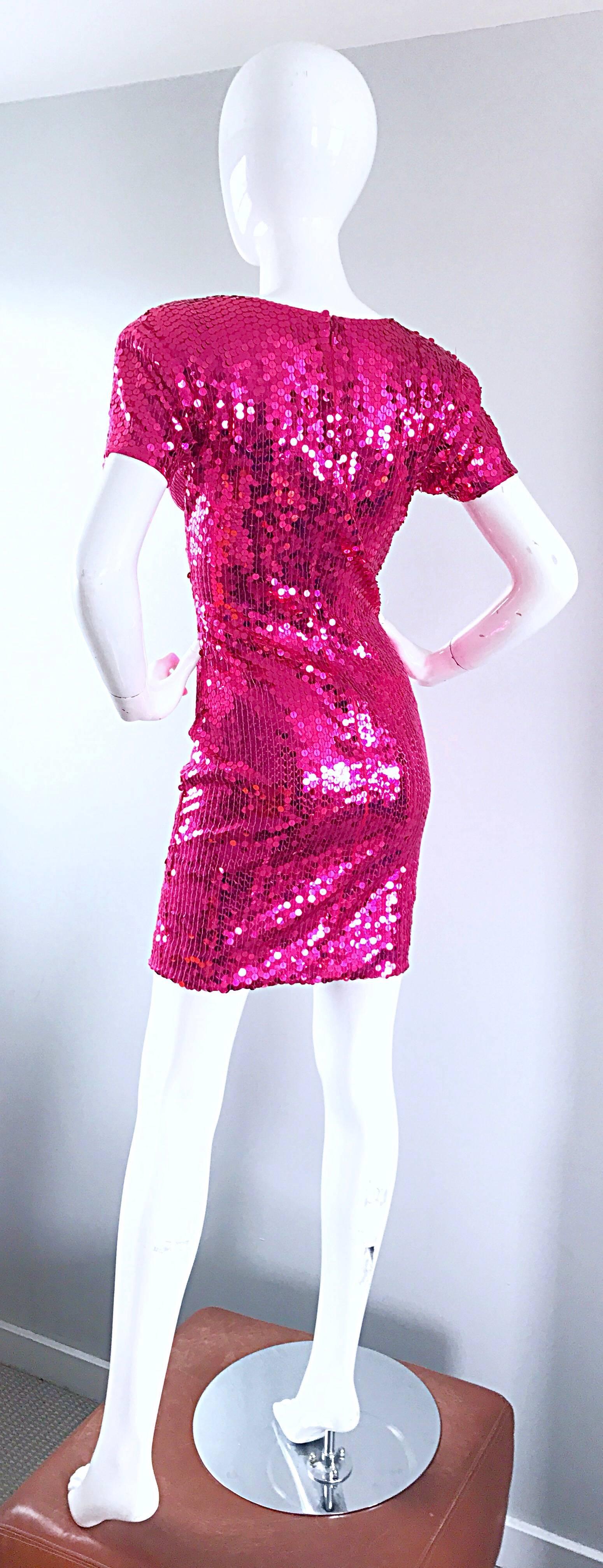 Sexy 1990s Hot Pink Fully Sequined Fuchsia Bodycon Vintage 90s Mini Dress For Sale 2