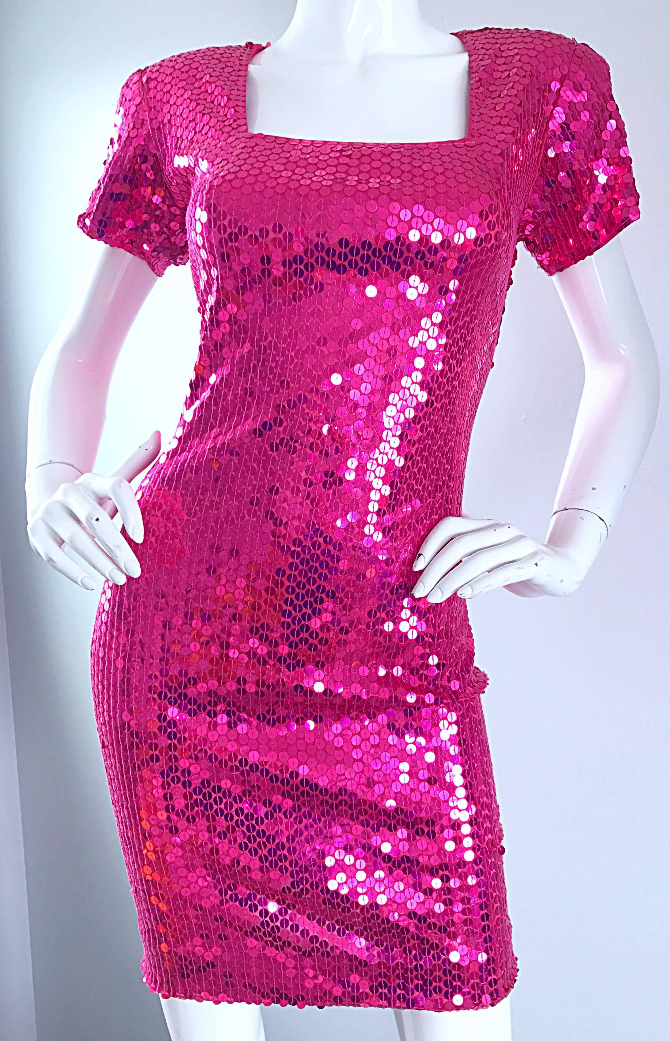 Women's Sexy 1990s Hot Pink Fully Sequined Fuchsia Bodycon Vintage 90s Mini Dress For Sale