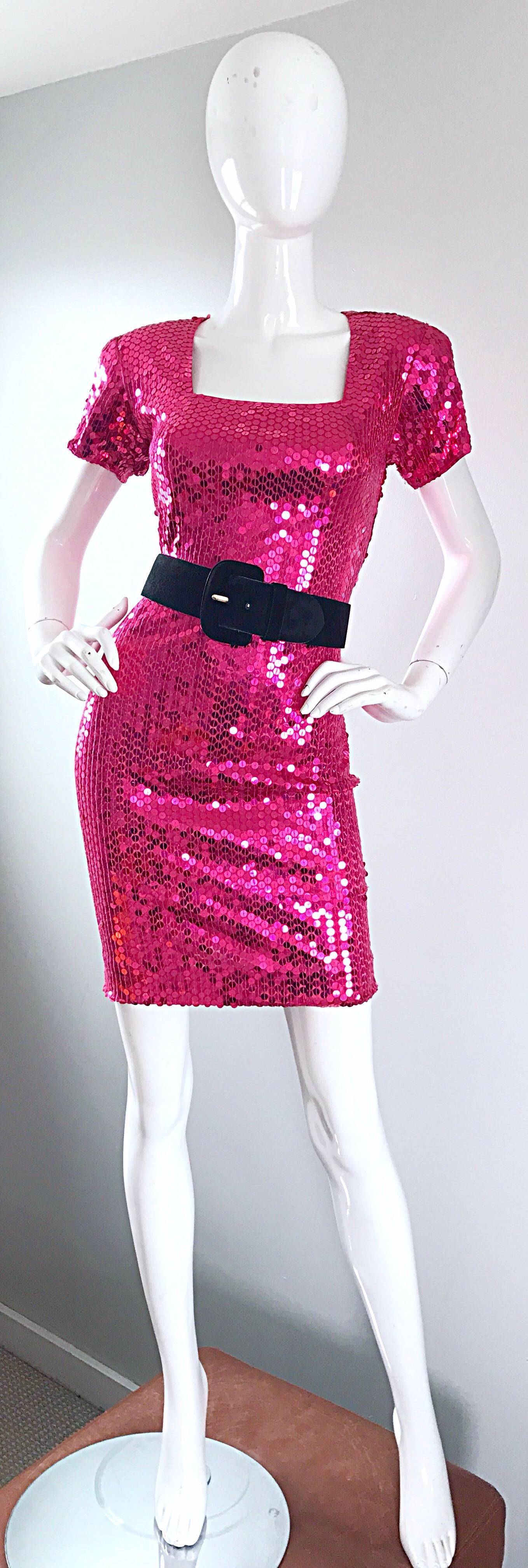 Sexy 1990s Hot Pink Fully Sequined Fuchsia Bodycon Vintage 90s Mini Dress For Sale 1