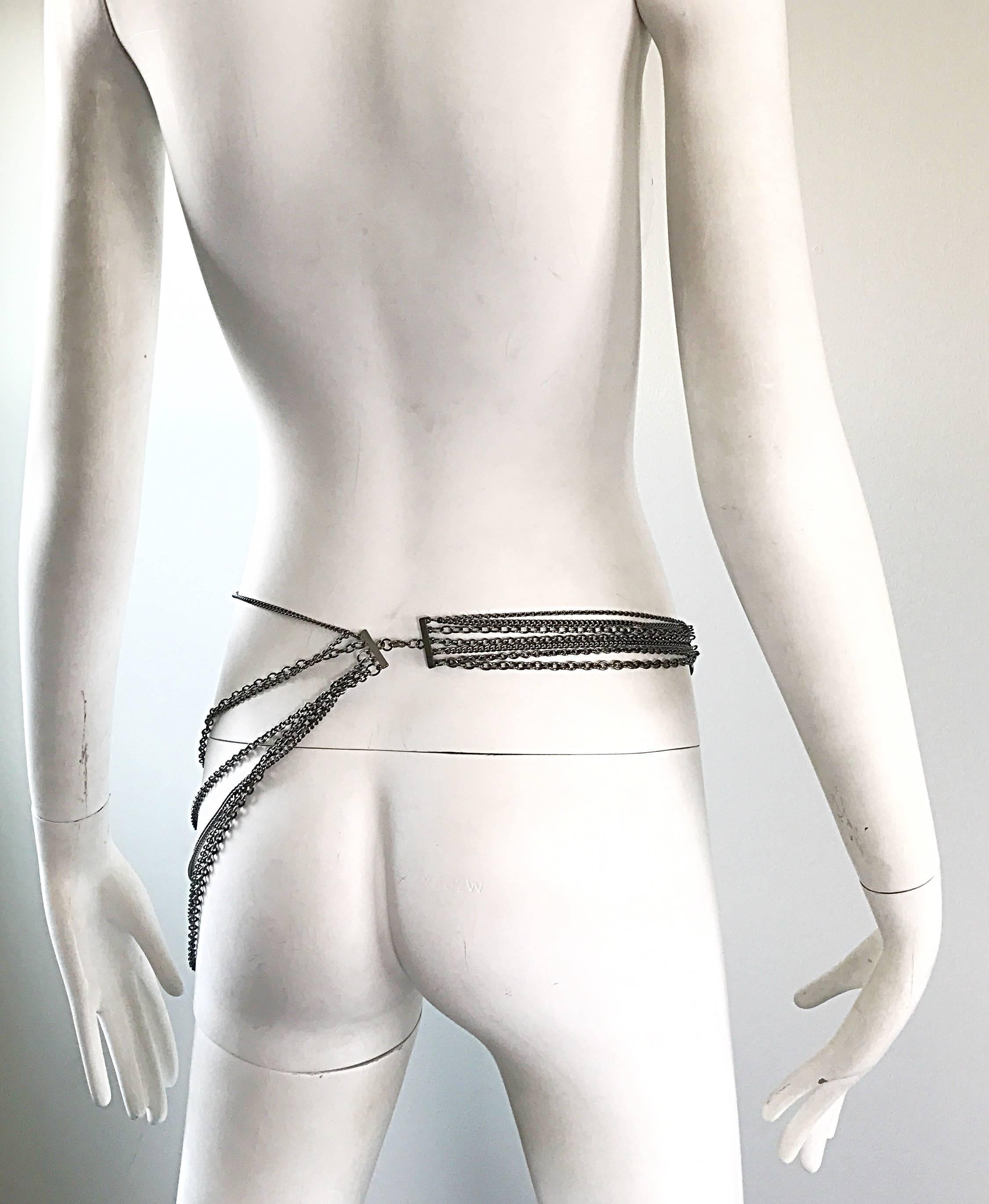 1970s Silver and Gunmetal Rhinestone Multi Strand Asymmetrical 70s Chain Belt In Excellent Condition In San Diego, CA