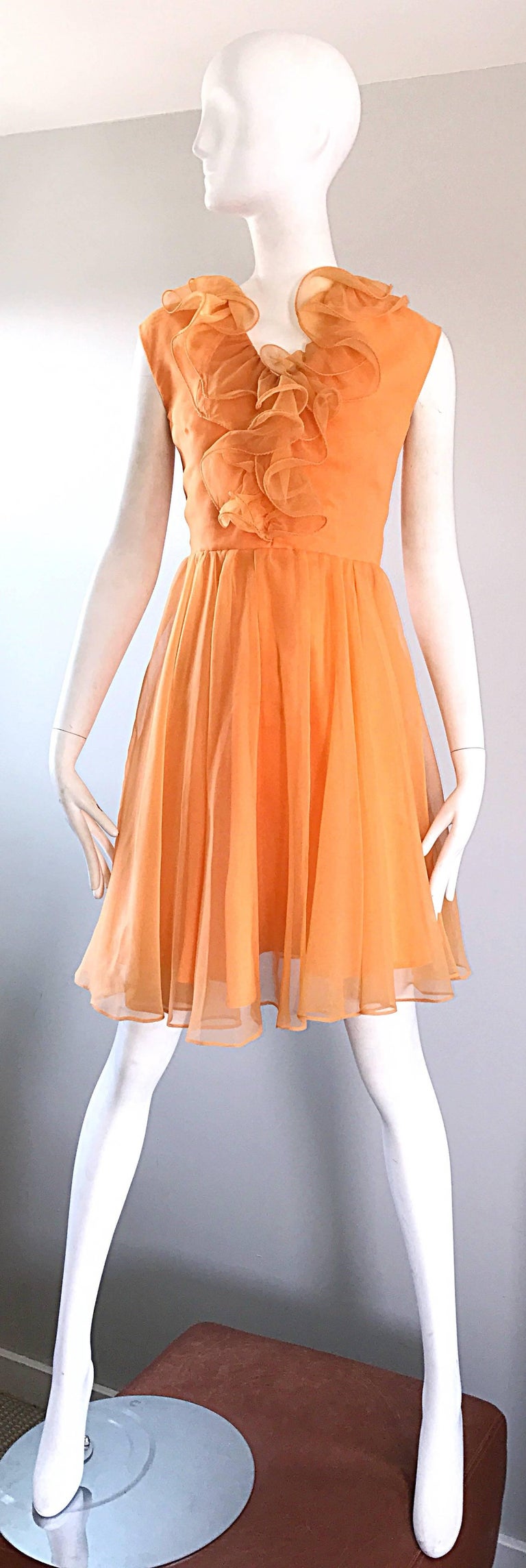 1960s Chic Sorbert Orange Chiffon Ruffle Neck Vintage A - Line 60s Dress