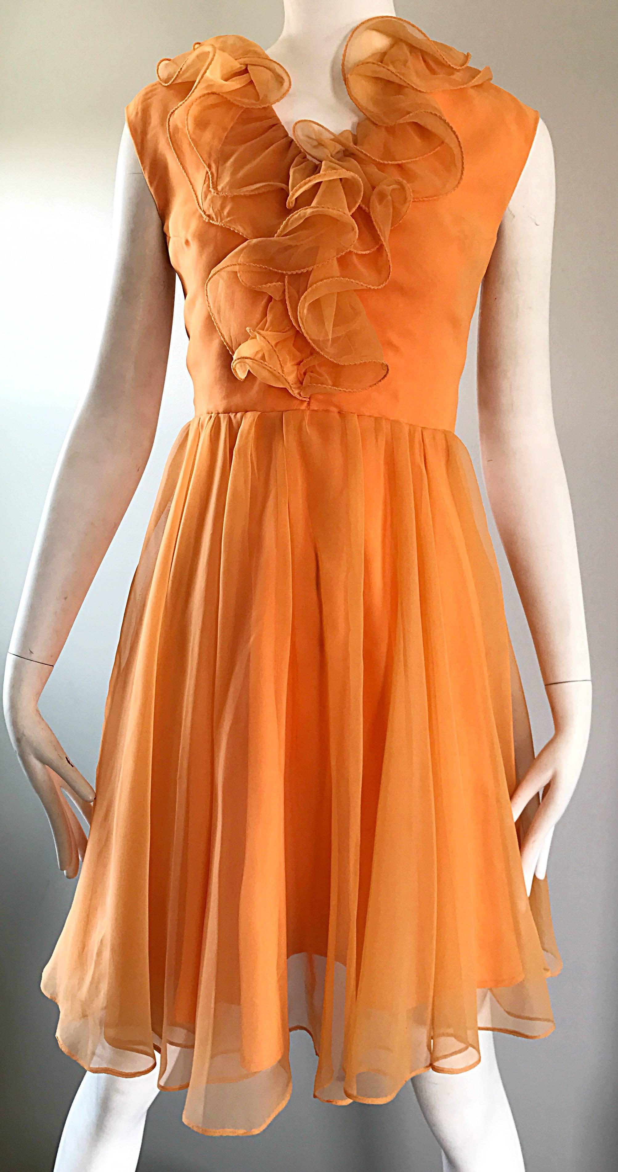1960s Chic Sorbert Orange Chiffon Ruffle Neck Vintage A - Line 60s Dress In Excellent Condition For Sale In San Diego, CA
