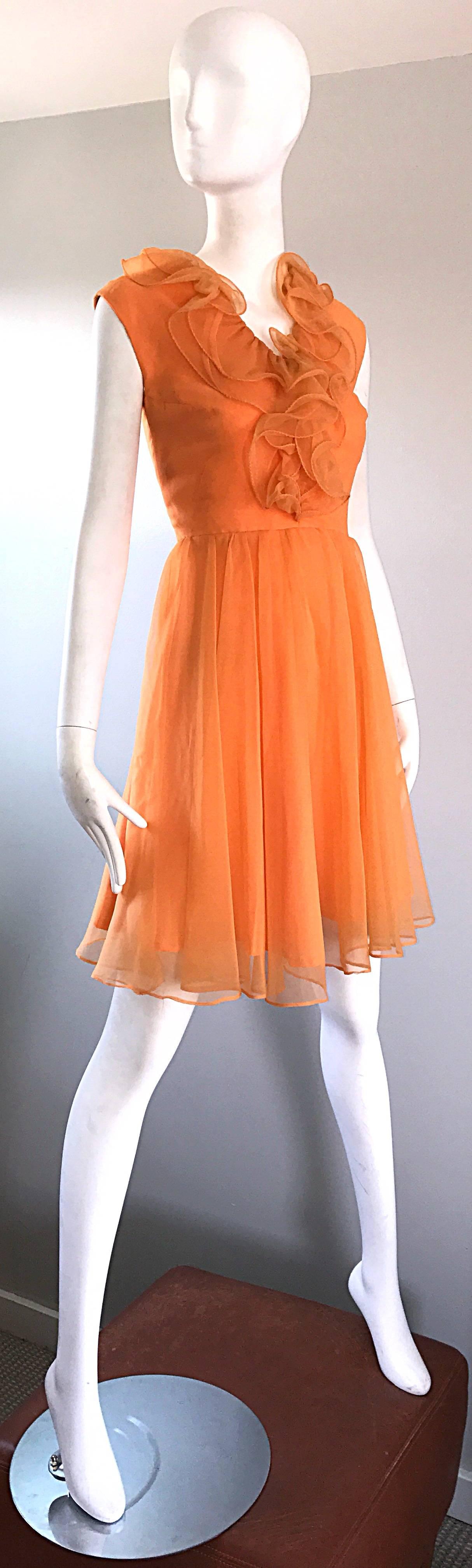 Women's 1960s Chic Sorbert Orange Chiffon Ruffle Neck Vintage A - Line 60s Dress  For Sale