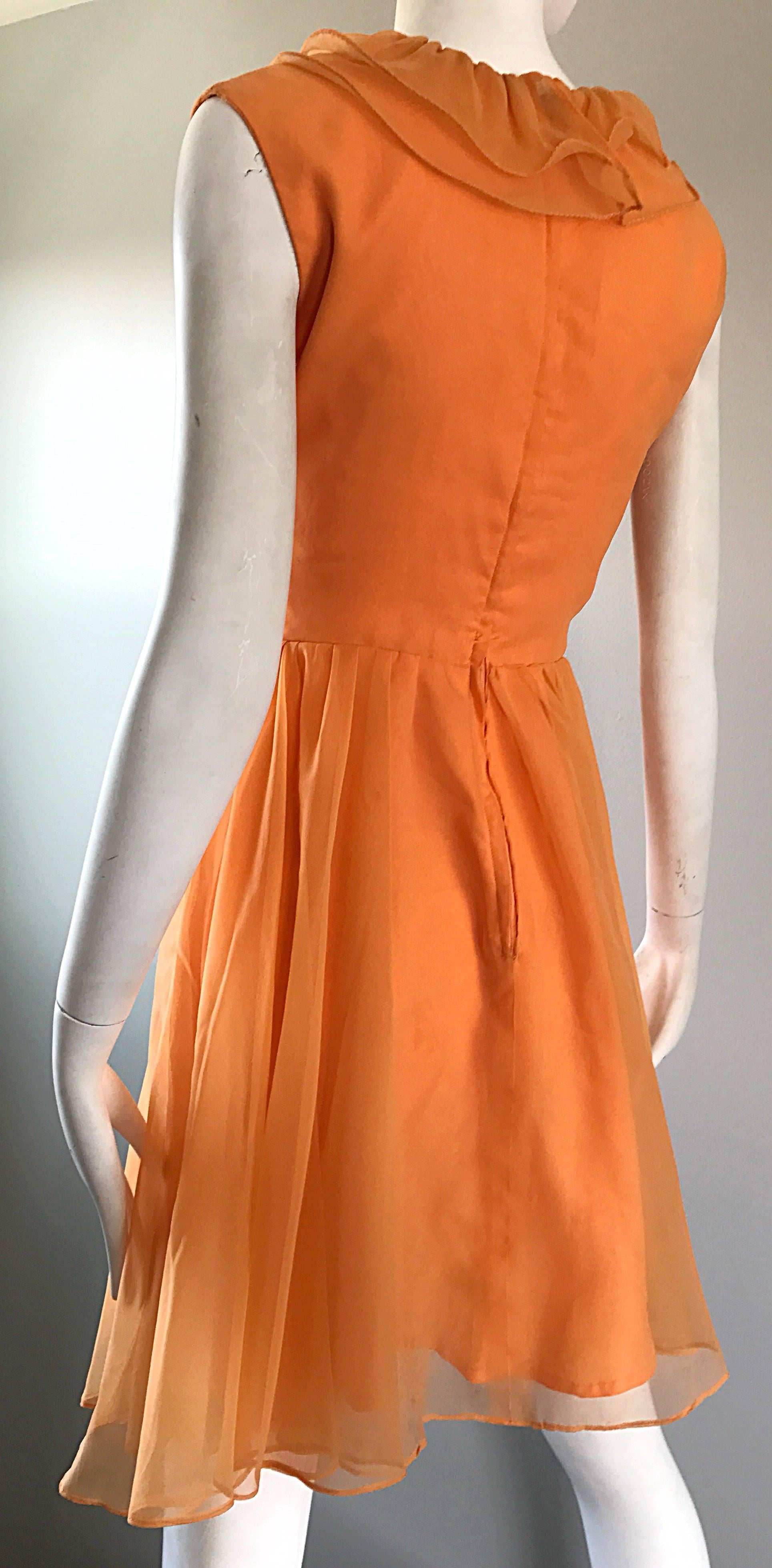 1960s Chic Sorbert Orange Chiffon Ruffle Neck Vintage A - Line 60s Dress  For Sale 1