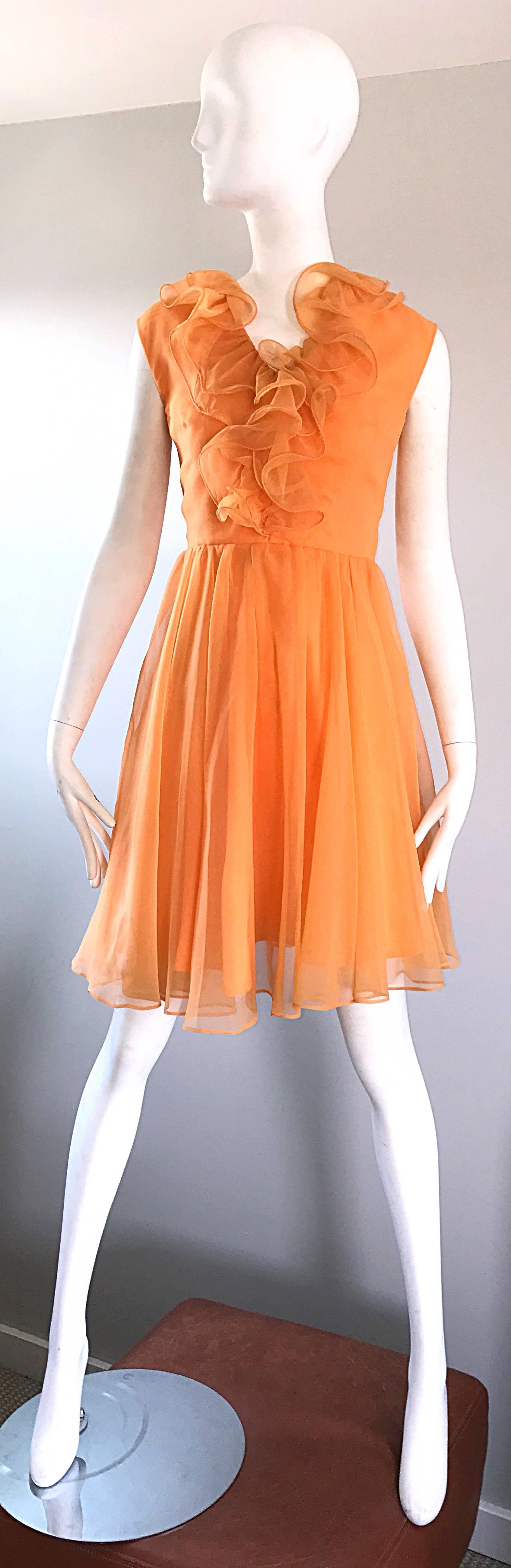 1960s Chic Sorbert Orange Chiffon Ruffle Neck Vintage A - Line 60s Dress  For Sale 2