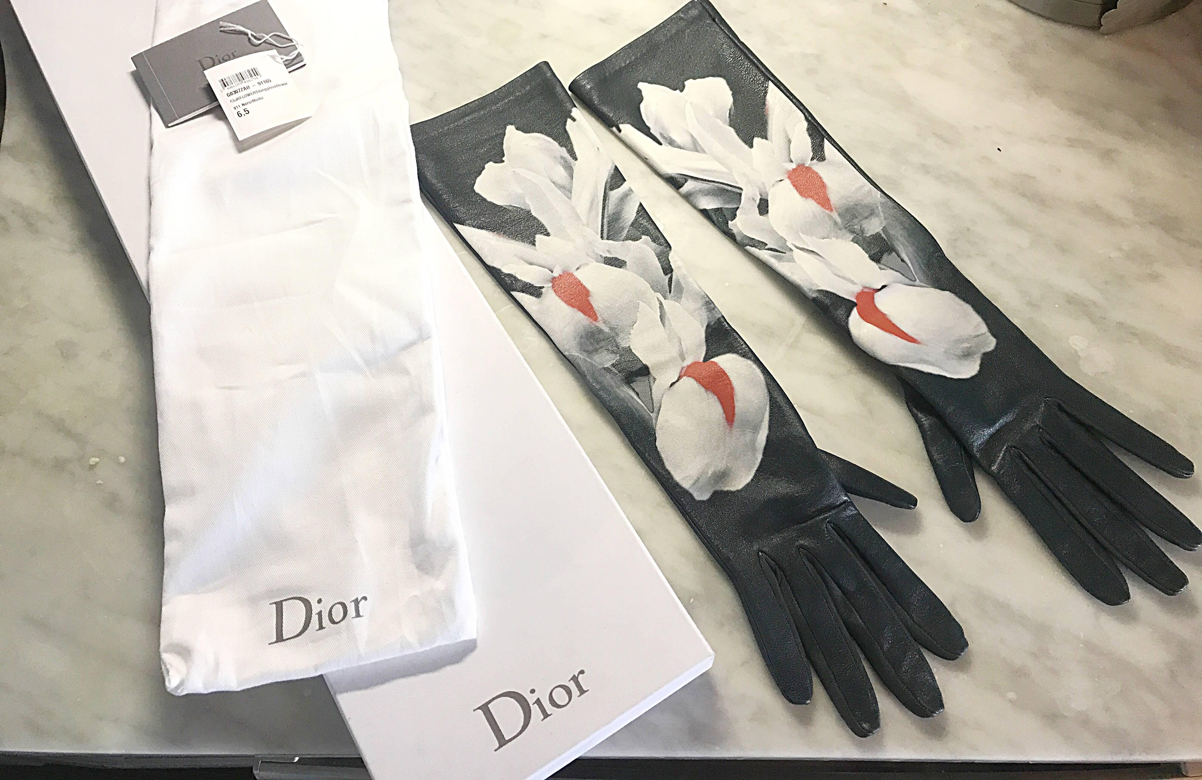 Christian Dior Raf Simons Limitierte Auflage 6.5 Handbemalte Leder Opernhandschuhe (Schwarz)