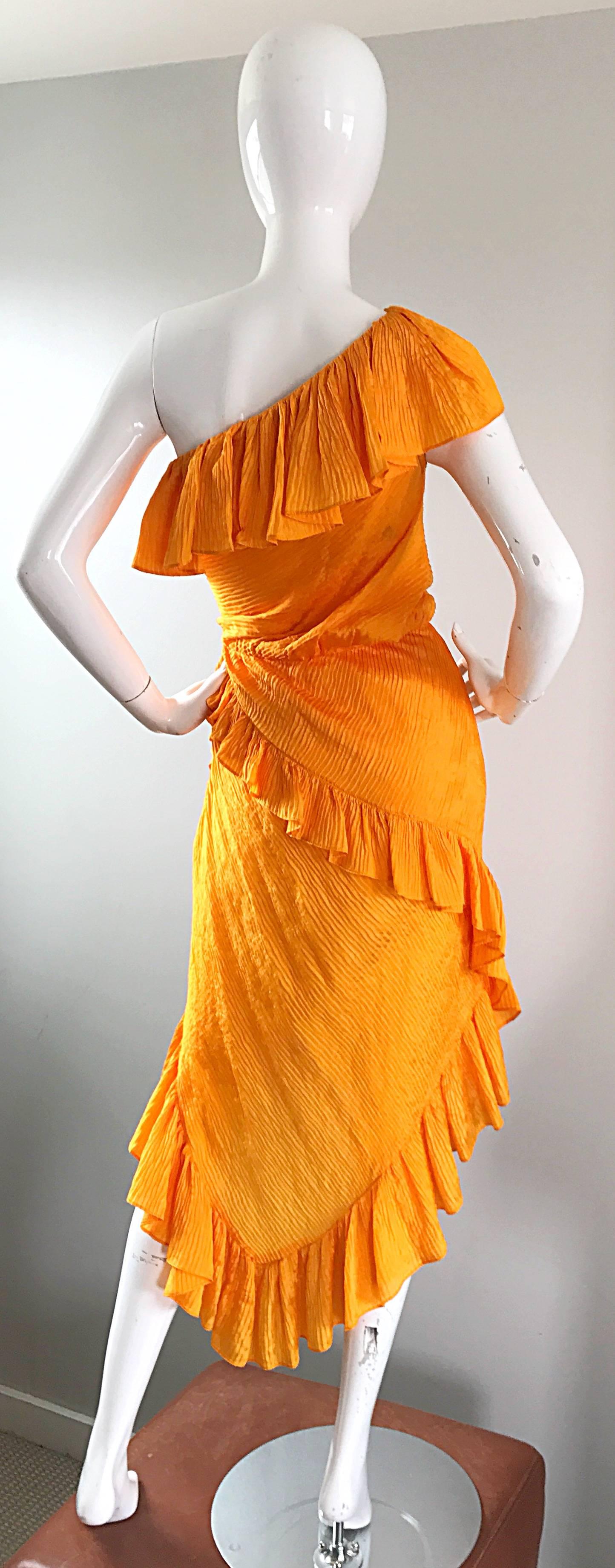 Rare 1970s Yves Saint Laurent Marigold Yellow One Shoulder SIlk Dress + Sash  In Excellent Condition In San Diego, CA