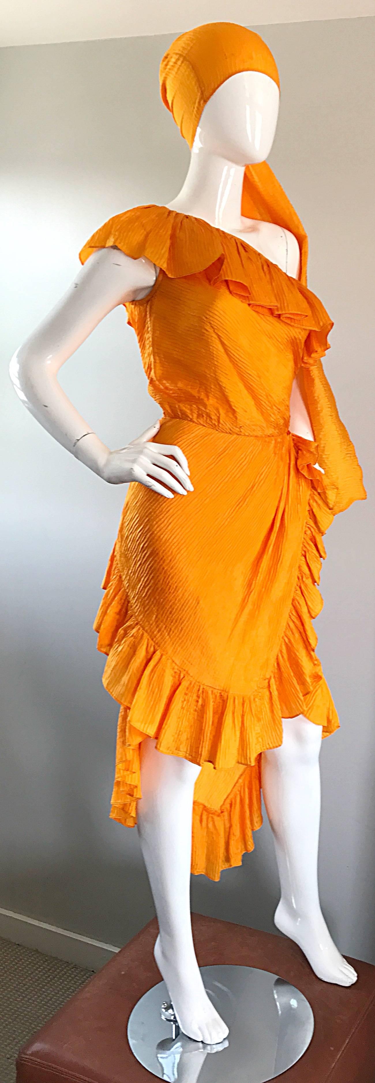Women's Rare 1970s Yves Saint Laurent Marigold Yellow One Shoulder SIlk Dress + Sash 