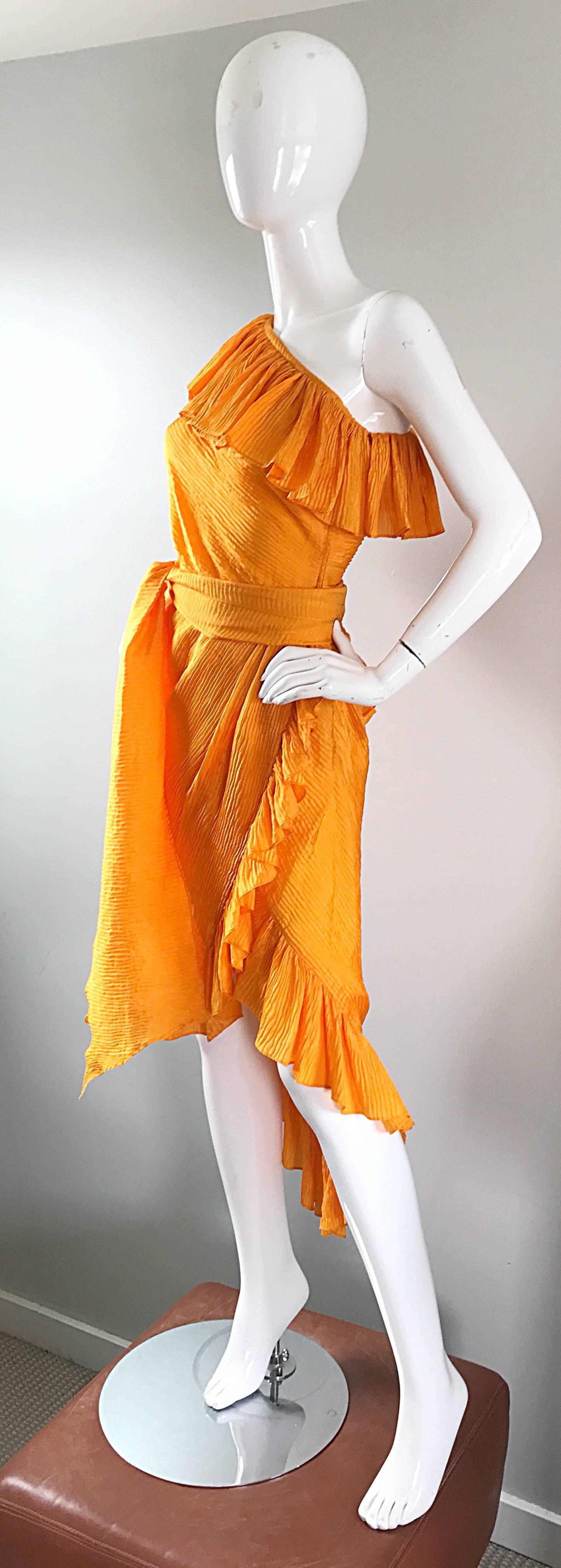 Rare 1970s Yves Saint Laurent Marigold Yellow One Shoulder SIlk Dress + Sash  1