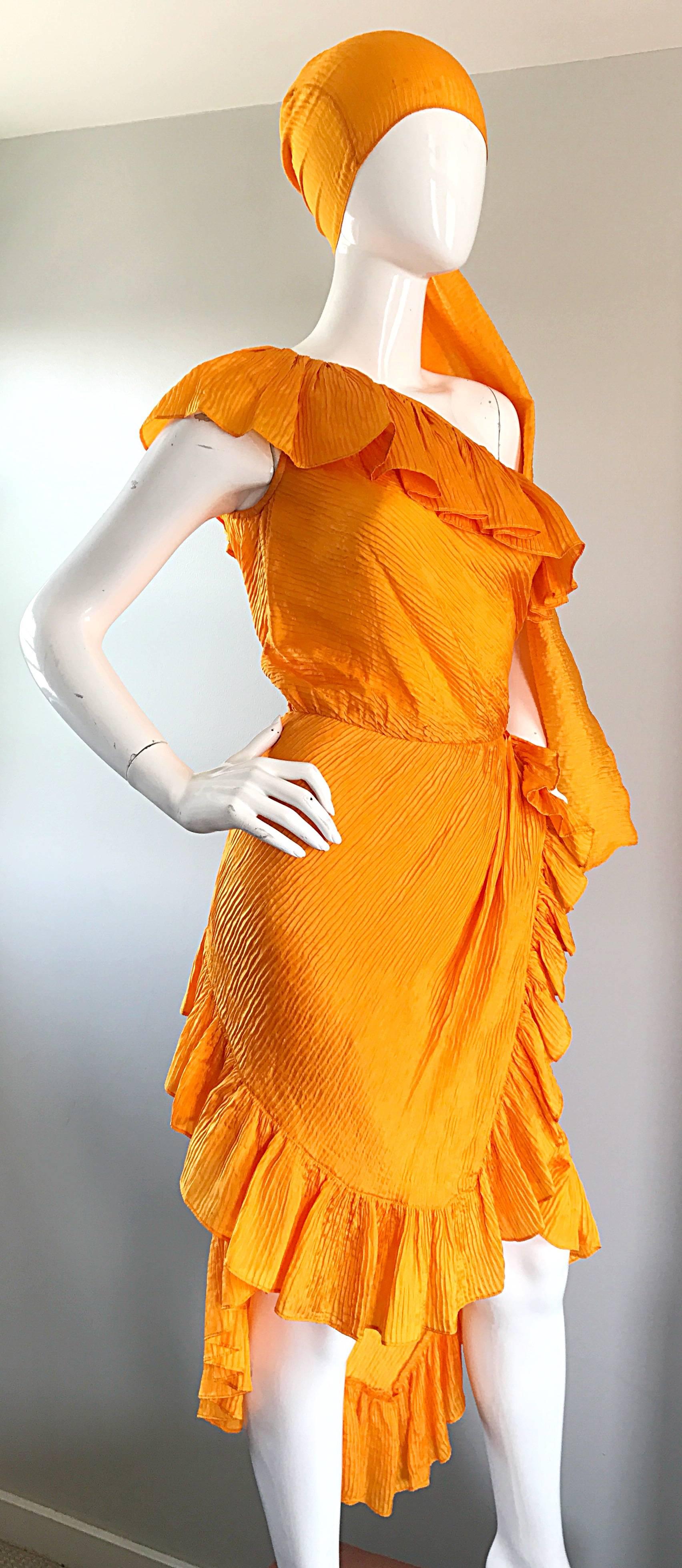 Rare 1970s Yves Saint Laurent Marigold Yellow One Shoulder SIlk Dress + Sash  3