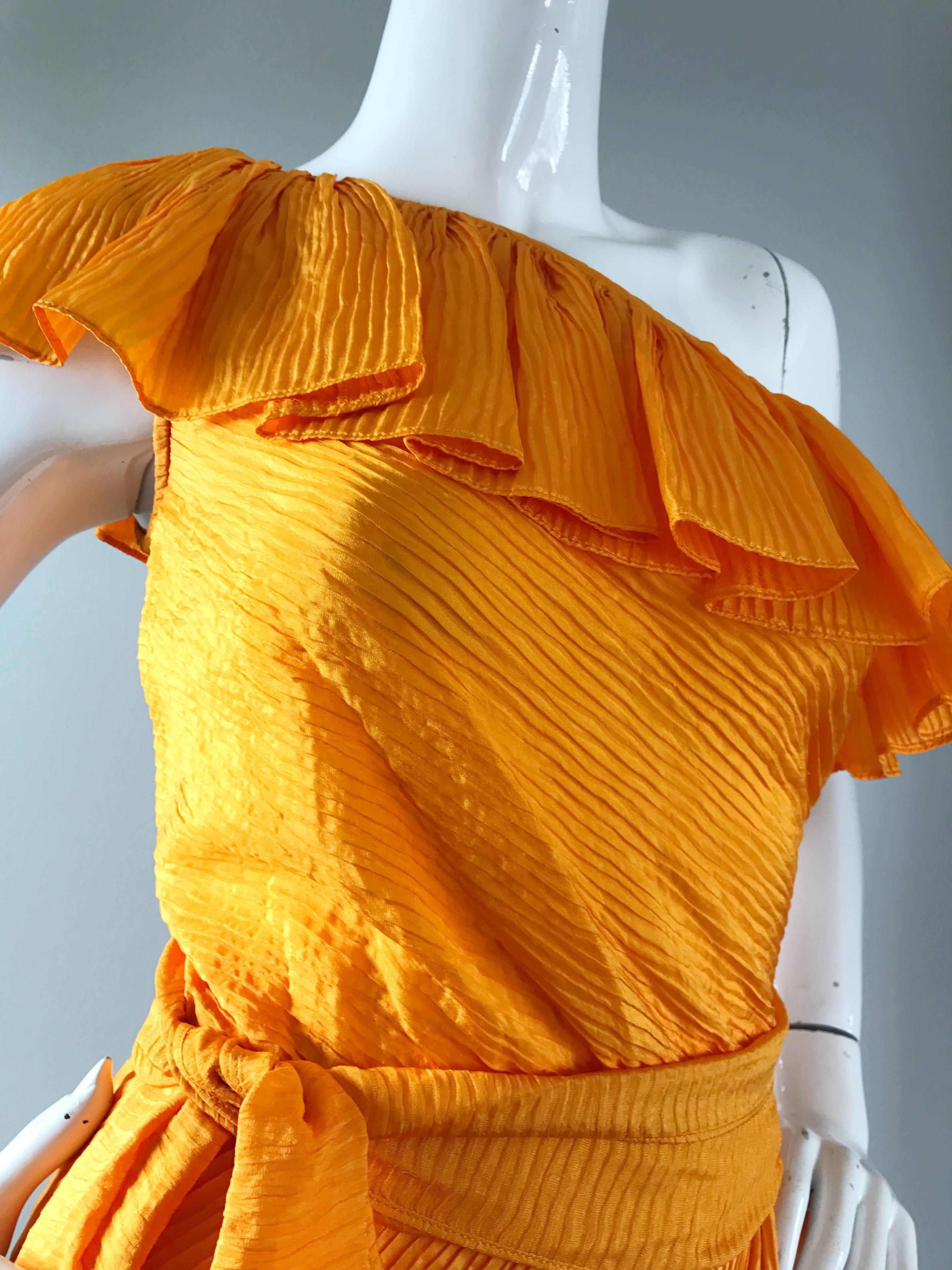Rare 1970s Yves Saint Laurent Marigold Yellow One Shoulder SIlk Dress + Sash  4