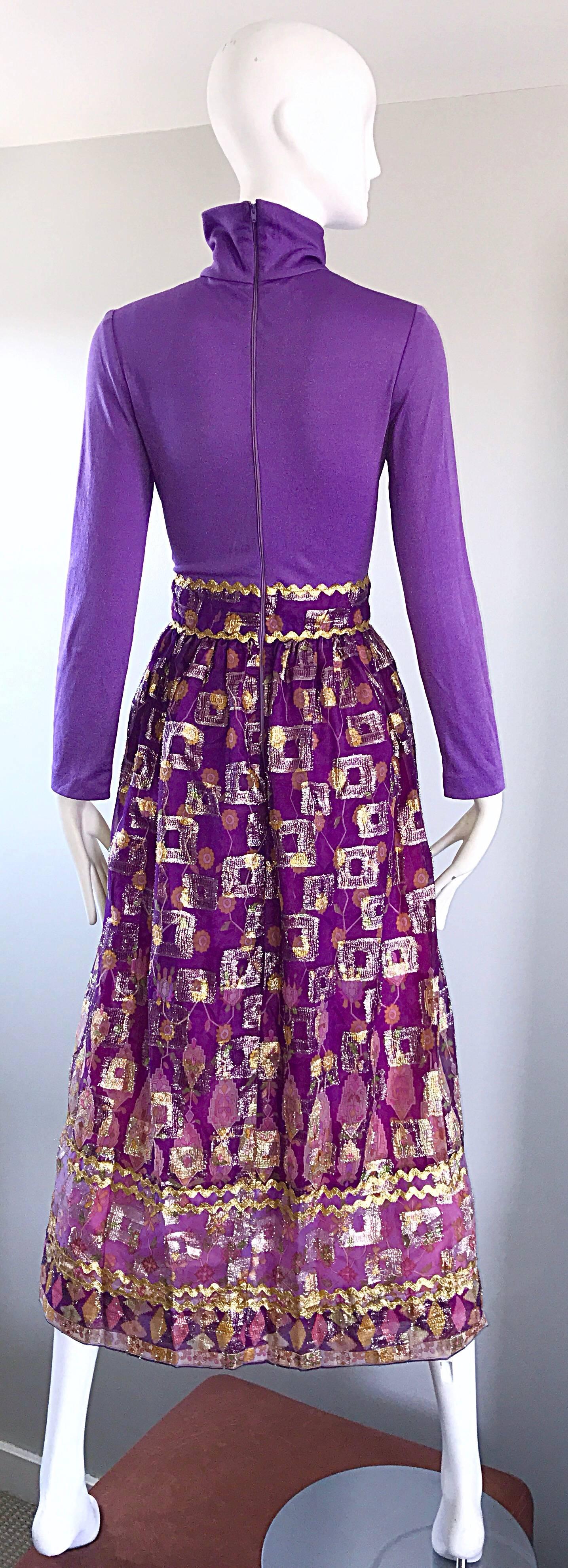 Beautiful 1970s Purple Lavender Ethnic Batik Print High Neck Vintage Midi Dress 1