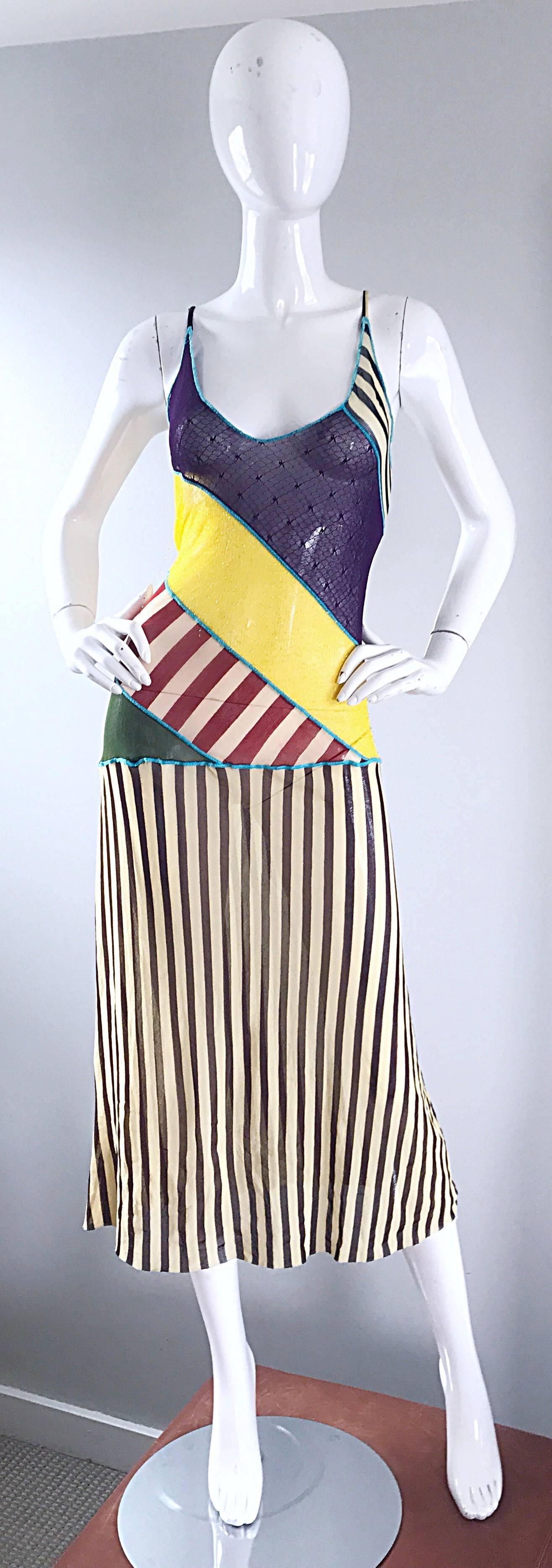 Rare 1990s does 1920s JEAN PAUL GAULTIER mixed media striped spaghetti strap flapper style sheer dress! Features color block and stripe prints in purple, yellow, turquoise, black, brown, ivory, burgundy and green throughout. Gold metallic silk