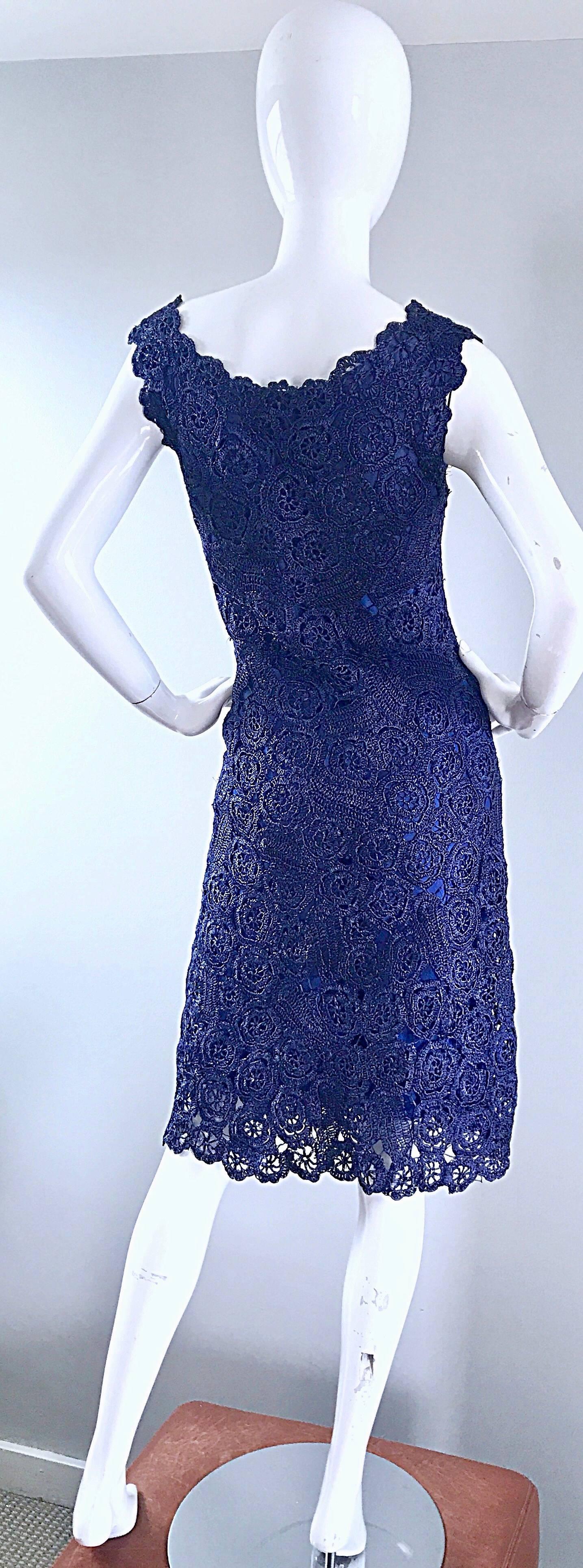 Women's Gorgeous 1950s Demi Couture Navy Blue Raffia Cut - Out Vintage 50s Dress For Sale