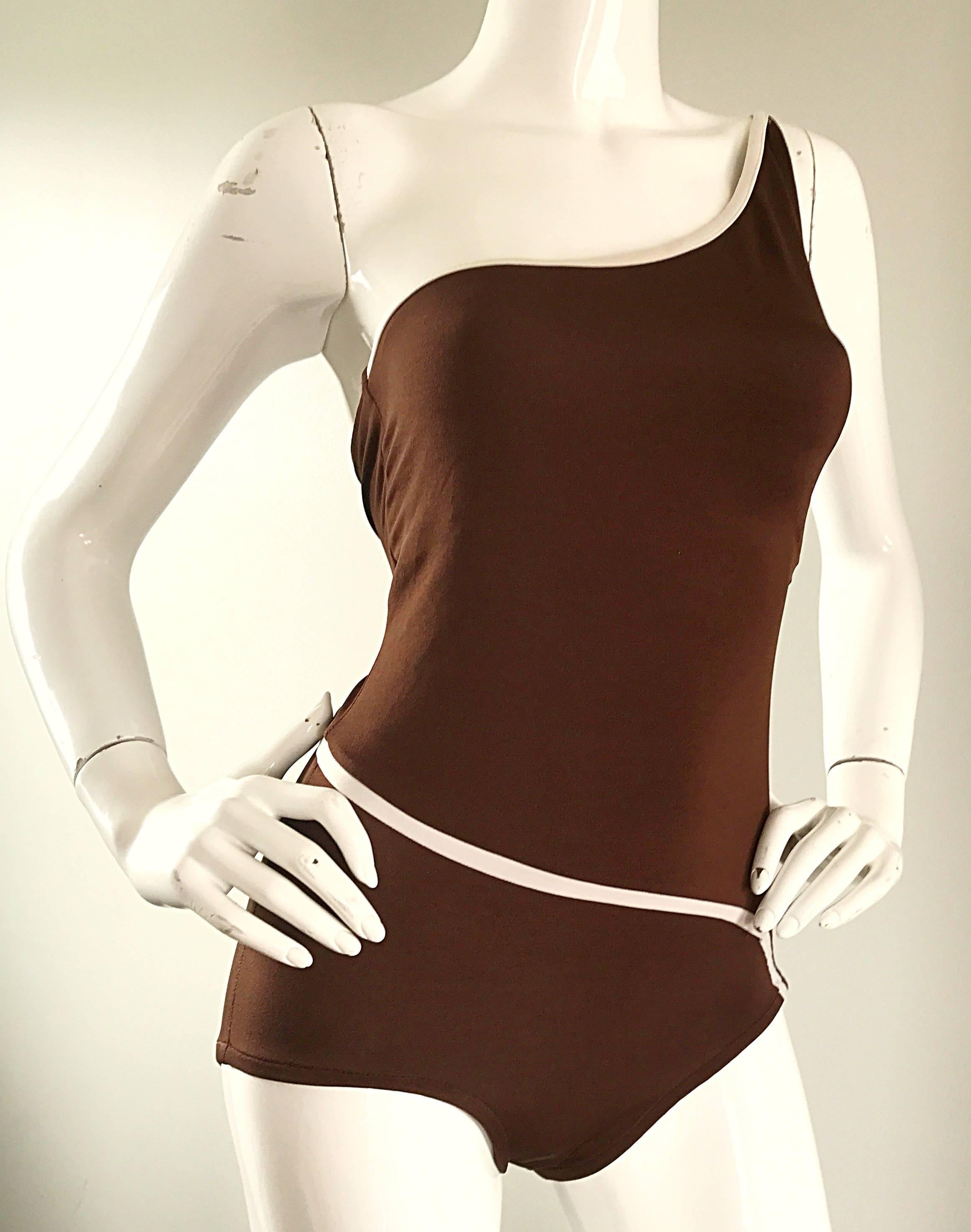 Women's 1970s Bill Blass Brown White One Shoulder Vintage One Piece Swimsuit Bodysuit For Sale