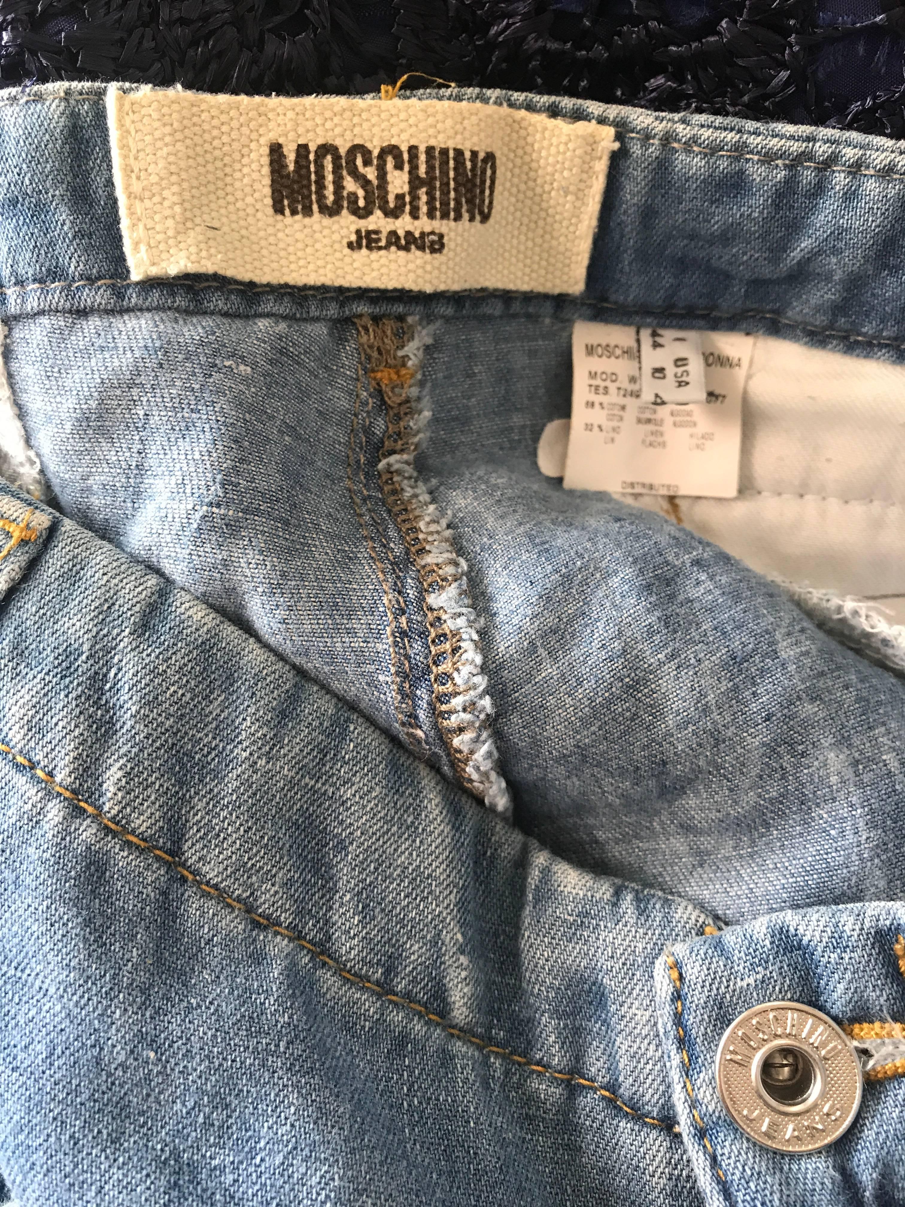 Vintage Moschino 1990s Does 1970s Size 10 Low Rise Bell Bottom Flared Blue Jeans For Sale 3