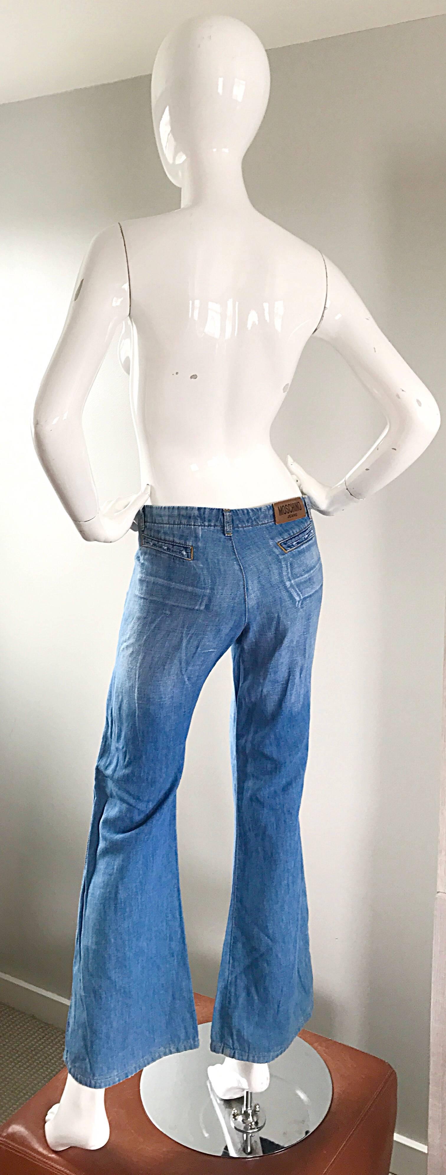 Women's or Men's Vintage Moschino 1990s Does 1970s Size 10 Low Rise Bell Bottom Flared Blue Jeans For Sale