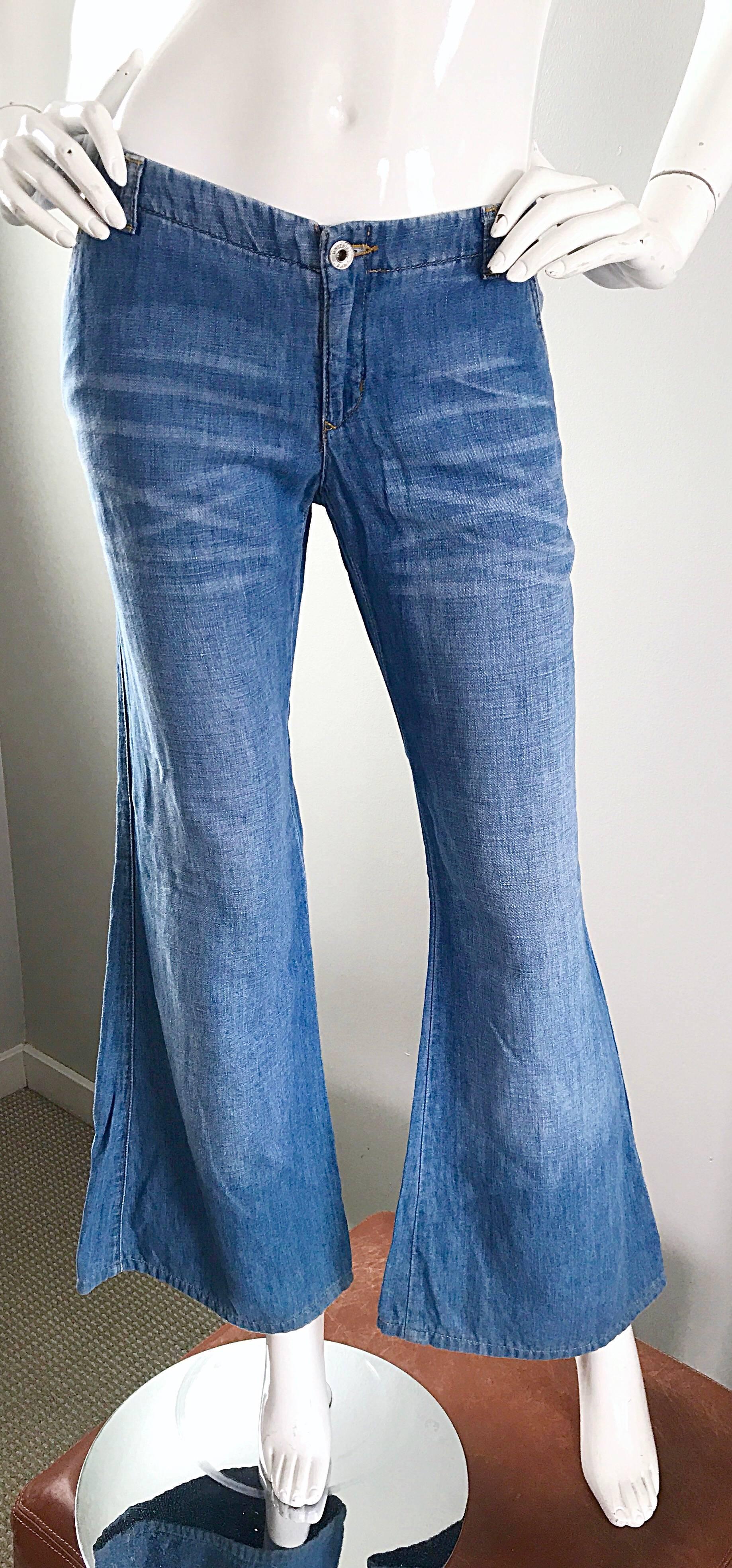Vintage Moschino 1990s Does 1970s Size 10 Low Rise Bell Bottom Flared Blue Jeans For Sale 1