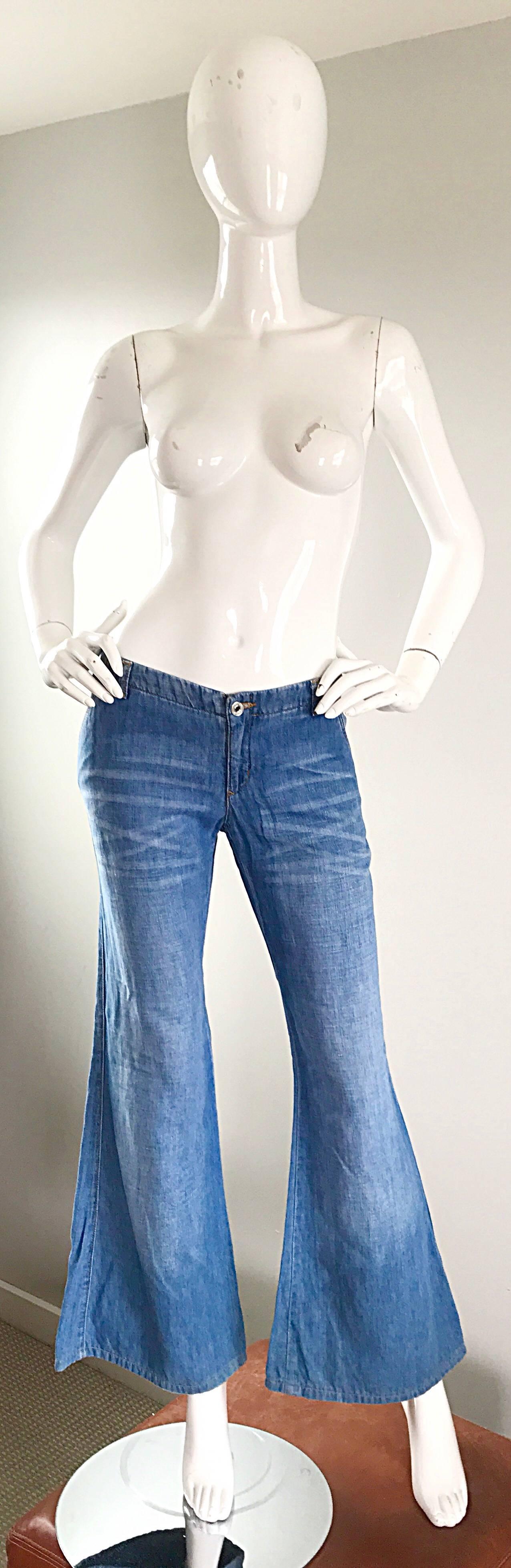 Vintage Moschino 1990s Does 1970s Size 10 Low Rise Bell Bottom Flared Blue Jeans For Sale 2