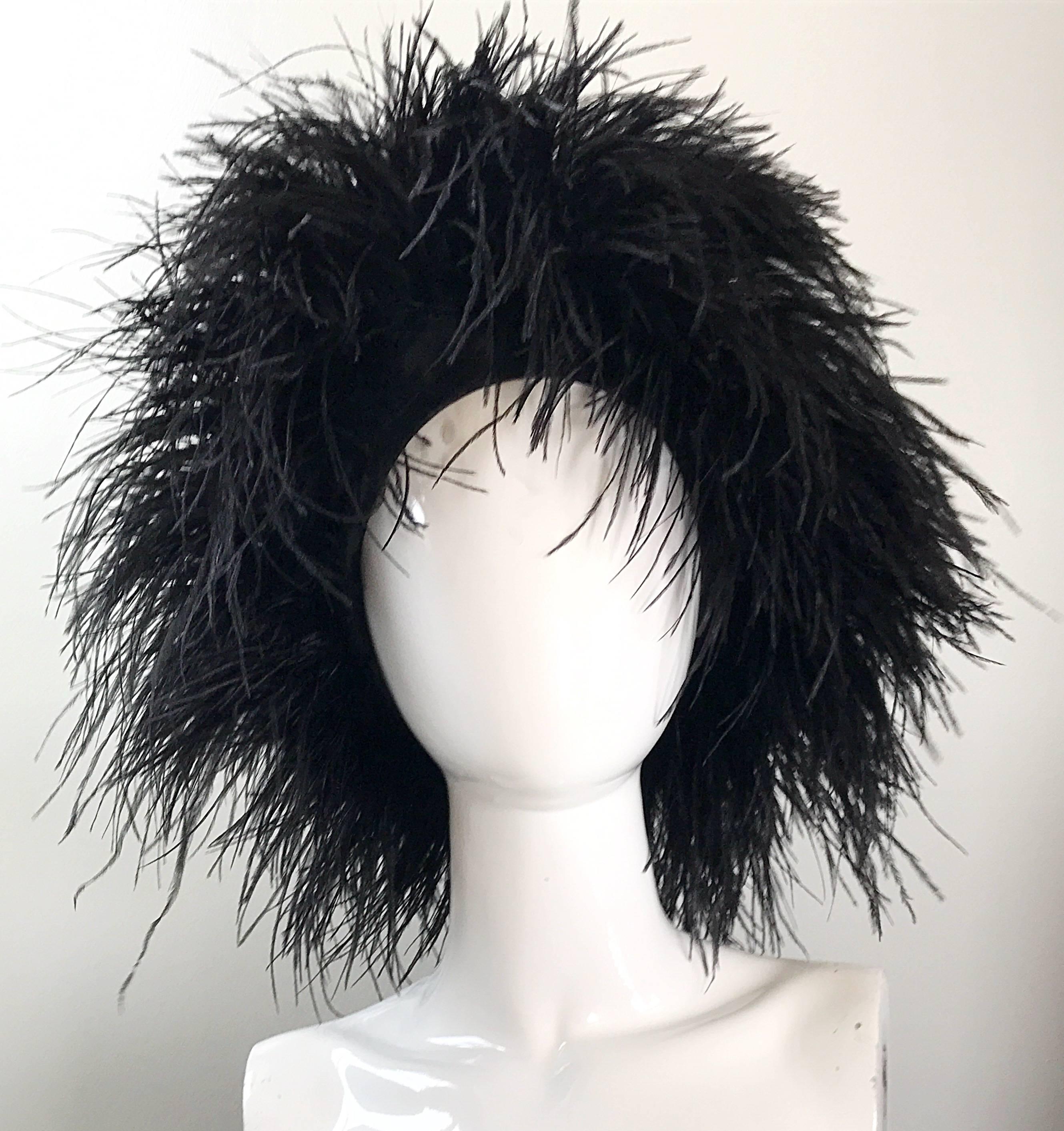 MUSUEM PIECE! Amazing and rare 80s NORMA KAMALI autographed black ostrich feather hat! Purchased from her personal archive, directly from Kamali herself, who said that this was her "favorite hat!" Avant Garde style that is the perfect