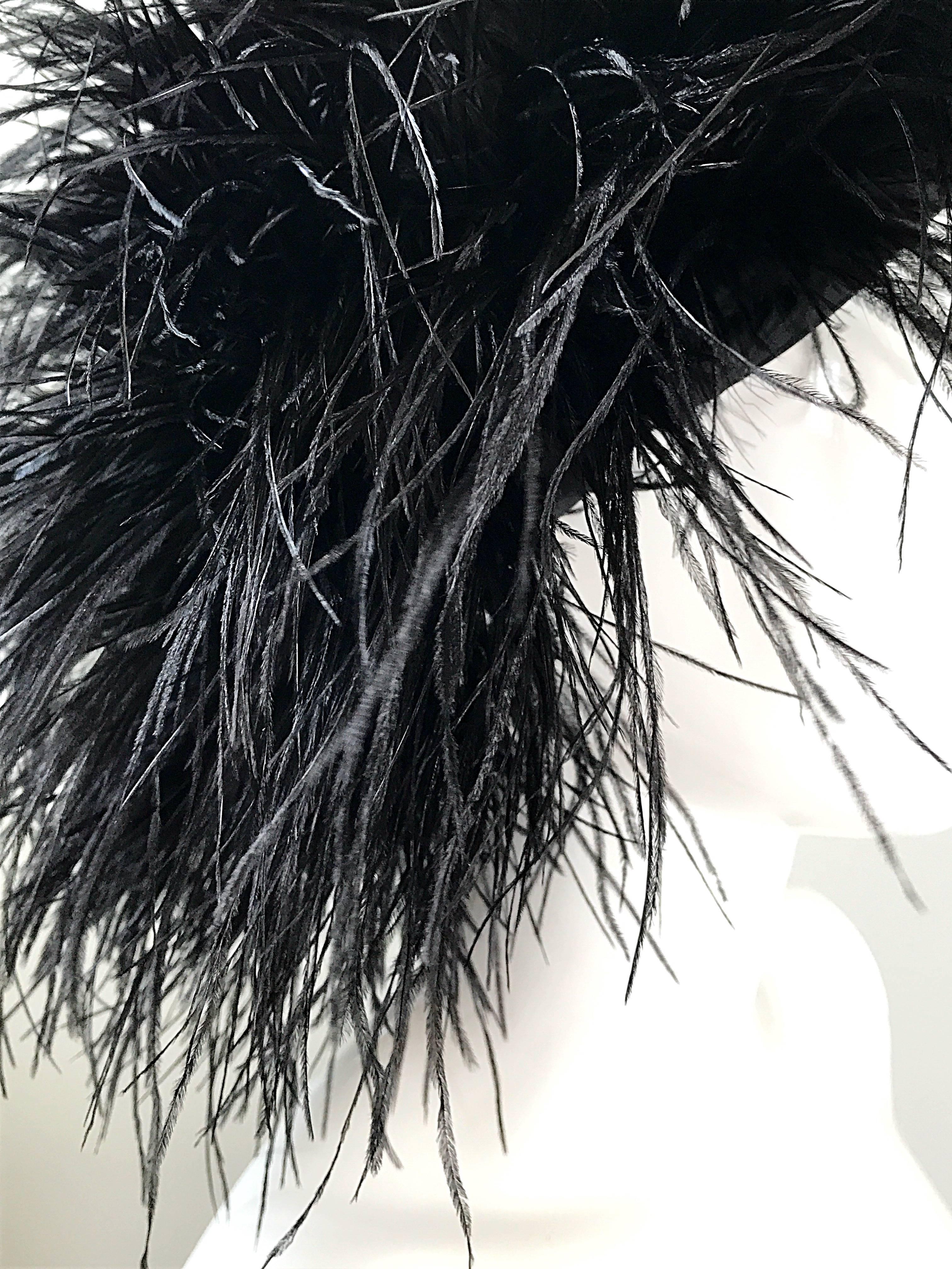 Autographed Norma Kamali Vintage New Black Ostrich Feather Rare 1980s OMO Hat In New Condition In San Diego, CA