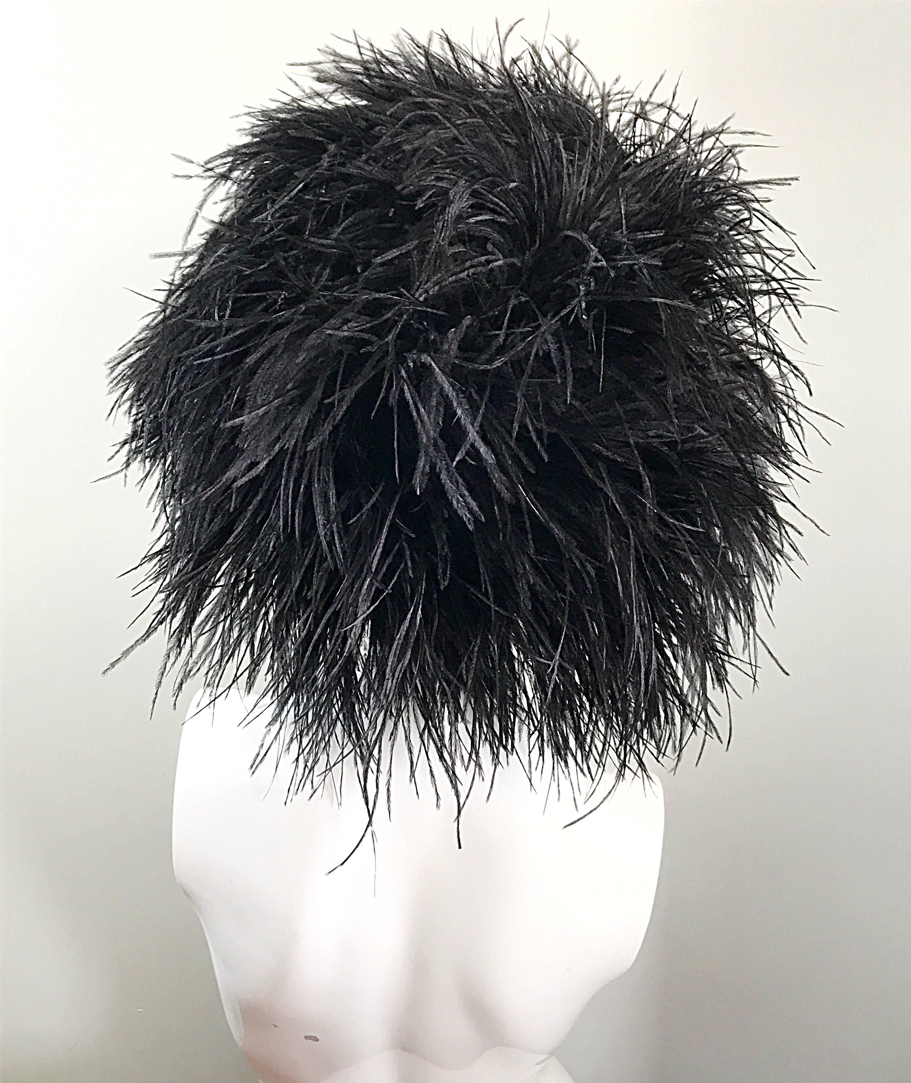 Women's or Men's Autographed Norma Kamali Vintage New Black Ostrich Feather Rare 1980s OMO Hat