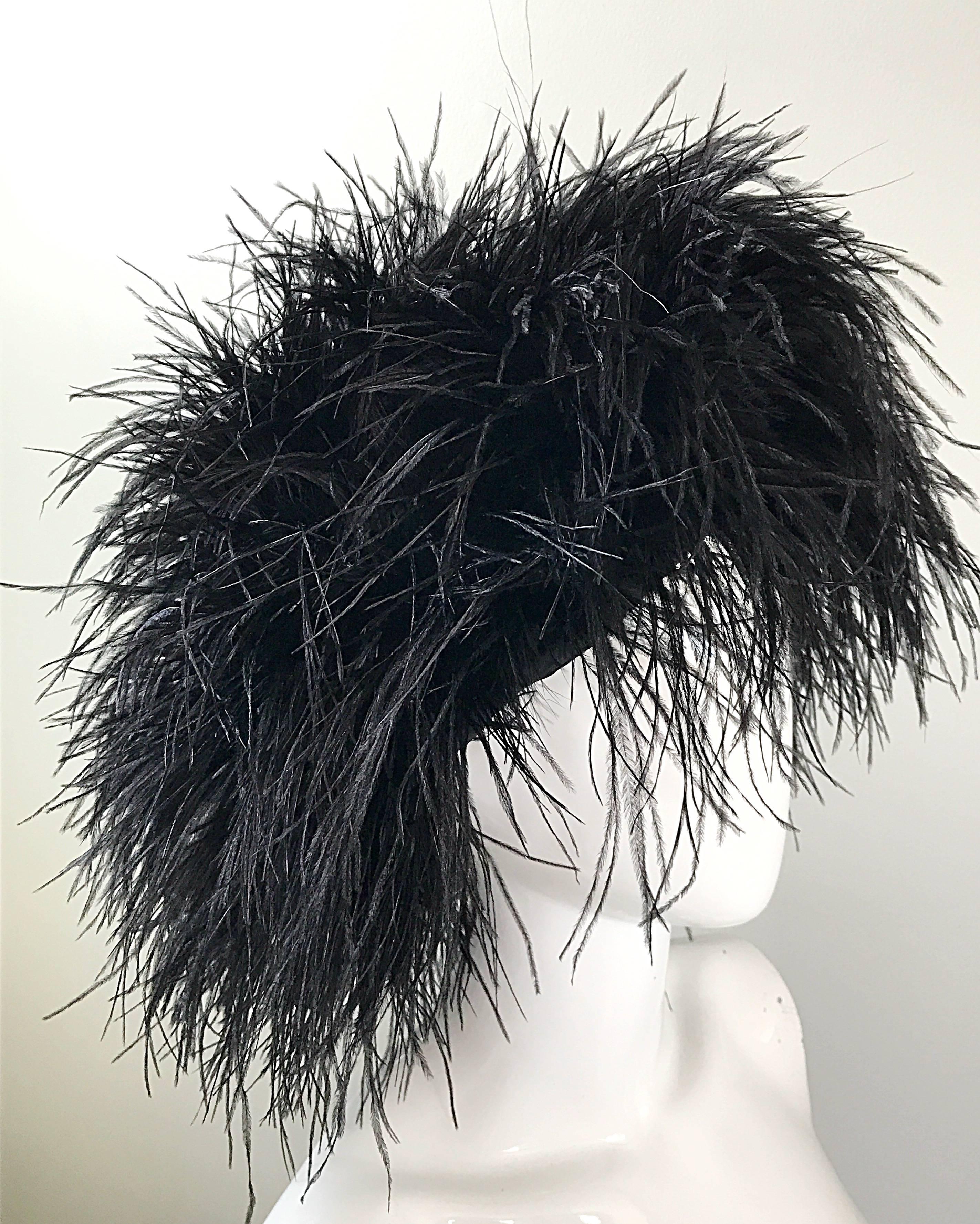 Autographed Norma Kamali Vintage New Black Ostrich Feather Rare 1980s OMO Hat 1