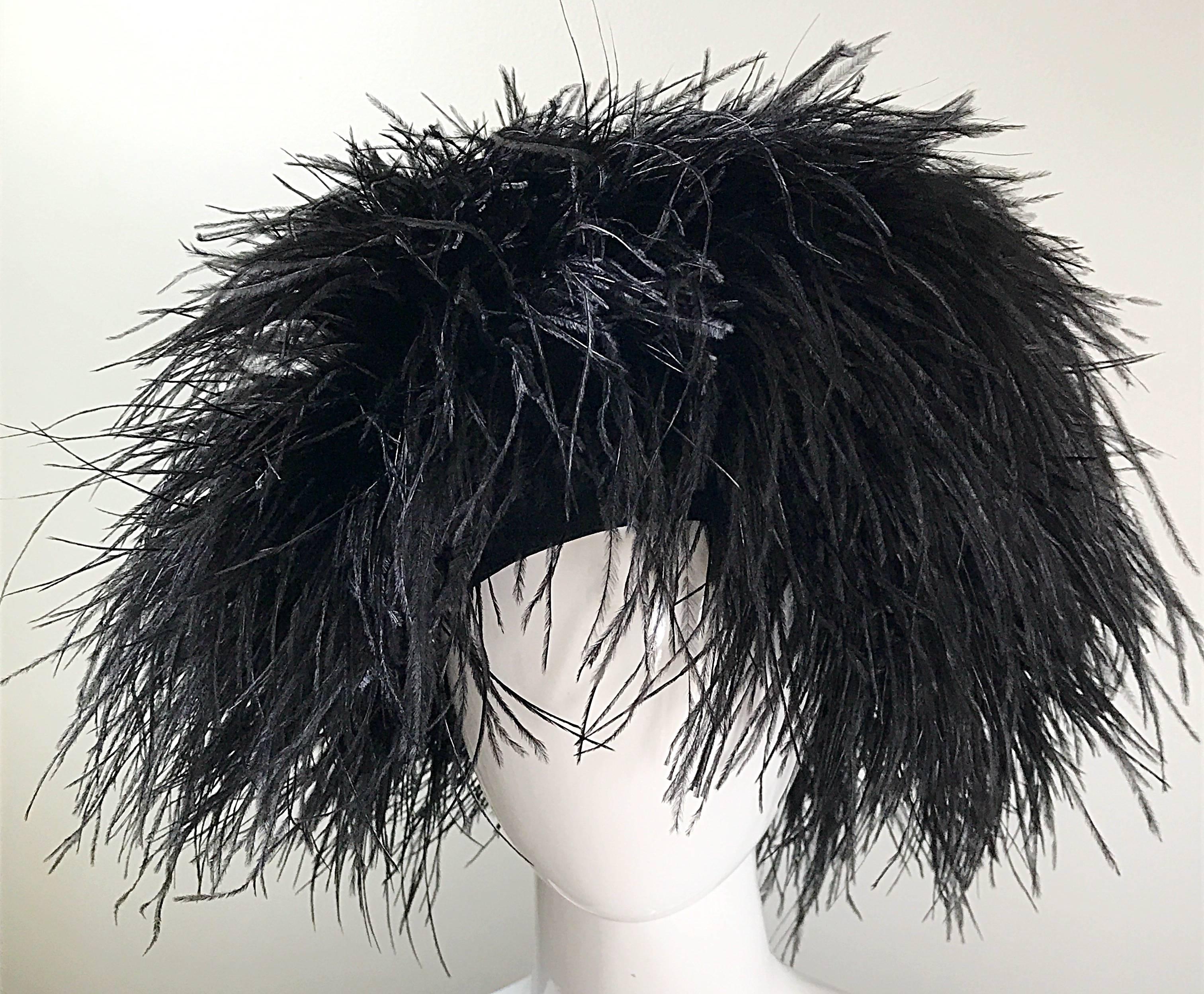 Autographed Norma Kamali Vintage New Black Ostrich Feather Rare 1980s OMO Hat 4