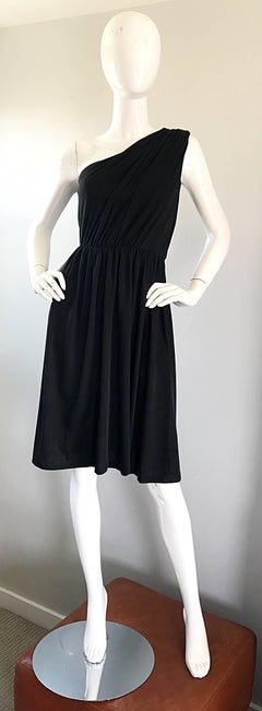 1970s Anthony Muto for Joseph Magnin Black Jersey One Shoulder 70s Grecian Dress