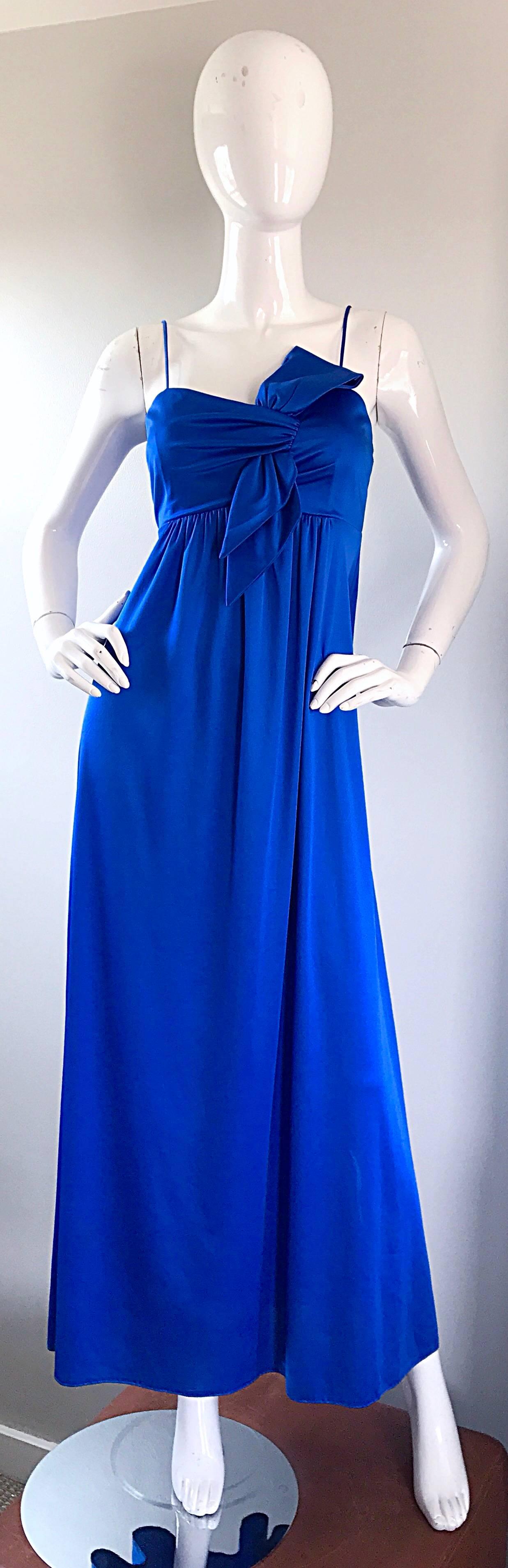 Women's Stunning 1970s Royal Blue Slinky Jersey Sleeveless Vintage 70s Gown Maxi Dress