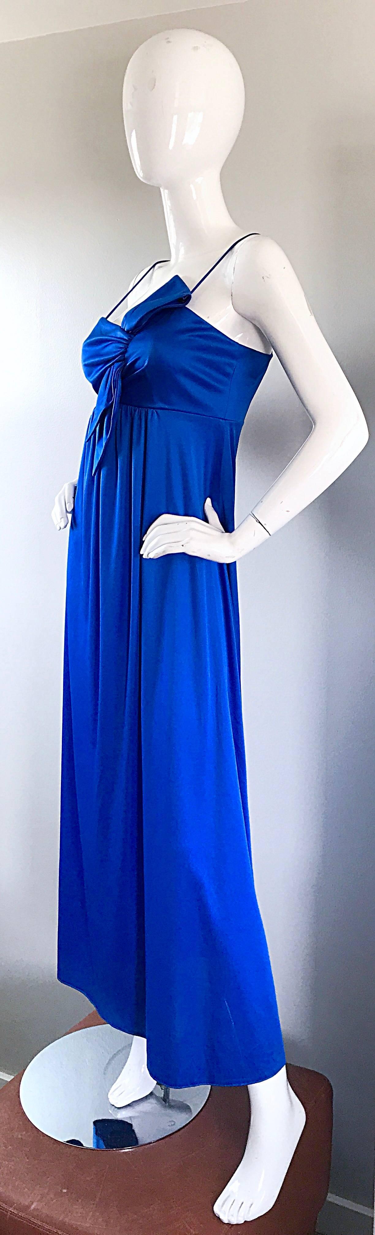 Stunning 1970s Royal Blue Slinky Jersey Sleeveless Vintage 70s Gown Maxi Dress In Excellent Condition In San Diego, CA