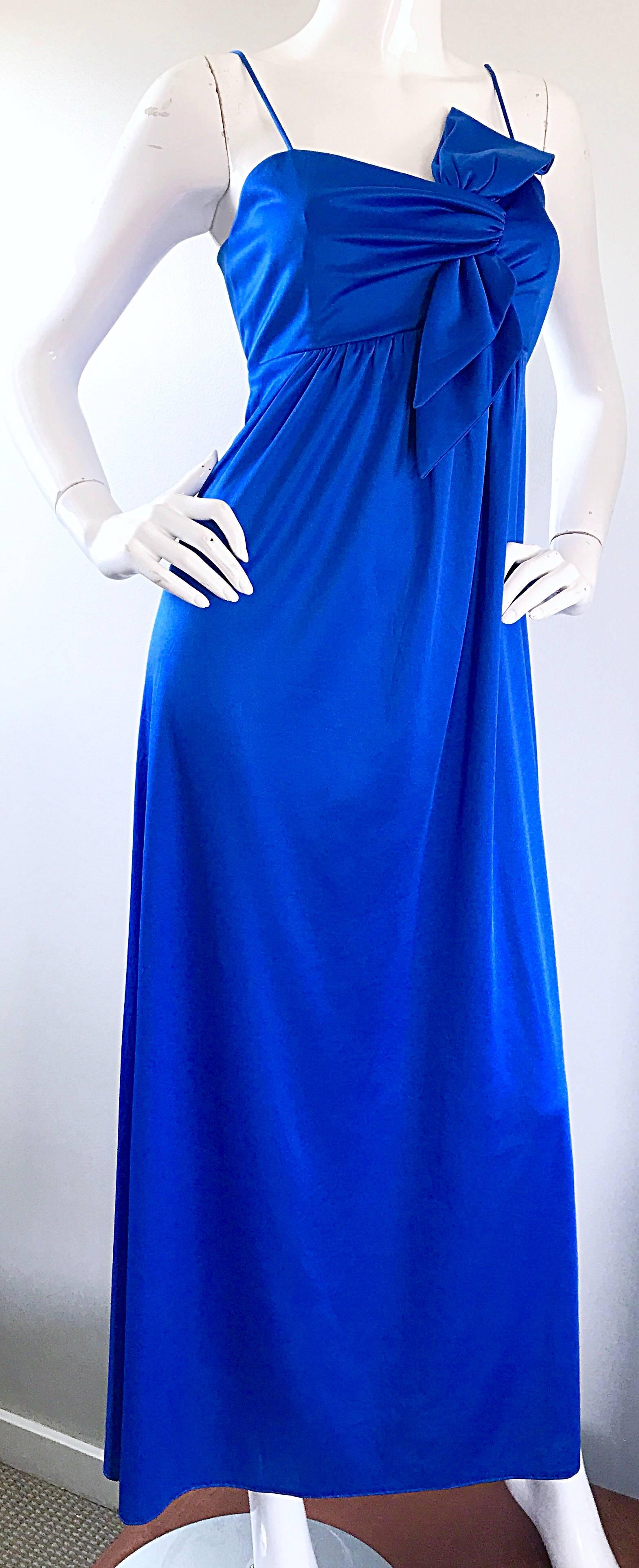 Stunning 1970s Royal Blue Slinky Jersey Sleeveless Vintage 70s Gown Maxi Dress 1