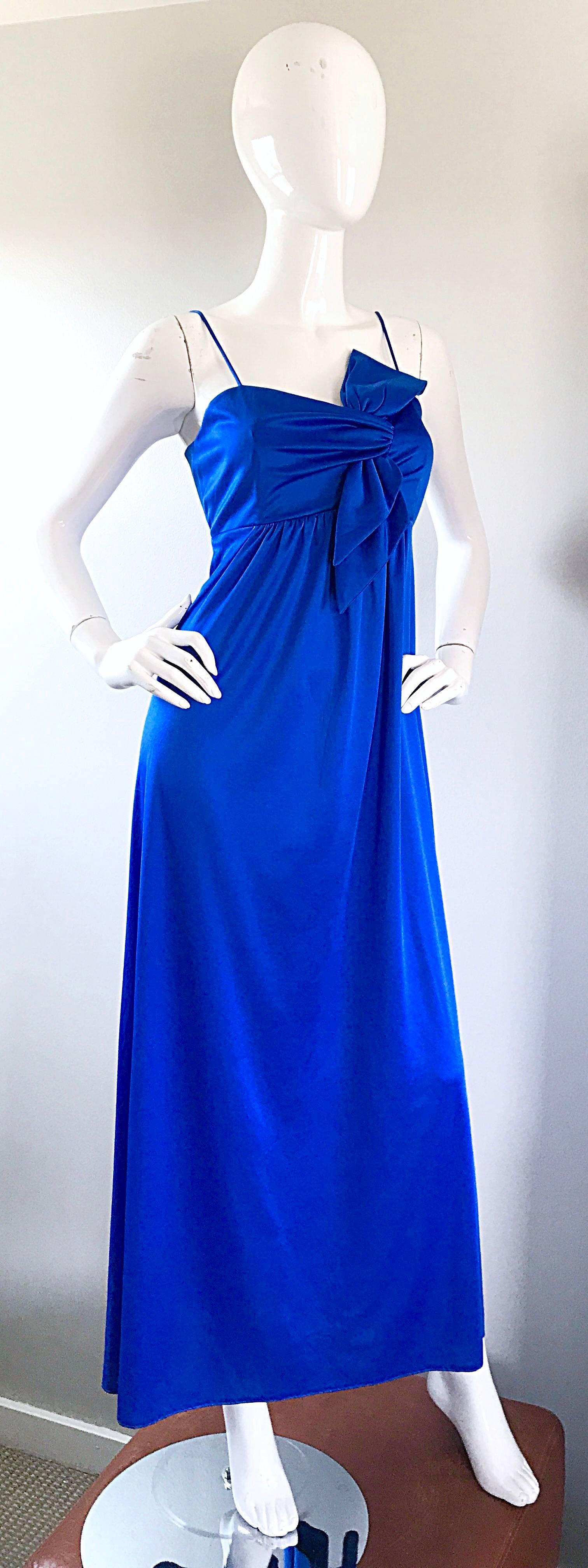 Stunning 1970s Royal Blue Slinky Jersey Sleeveless Vintage 70s Gown Maxi Dress 3