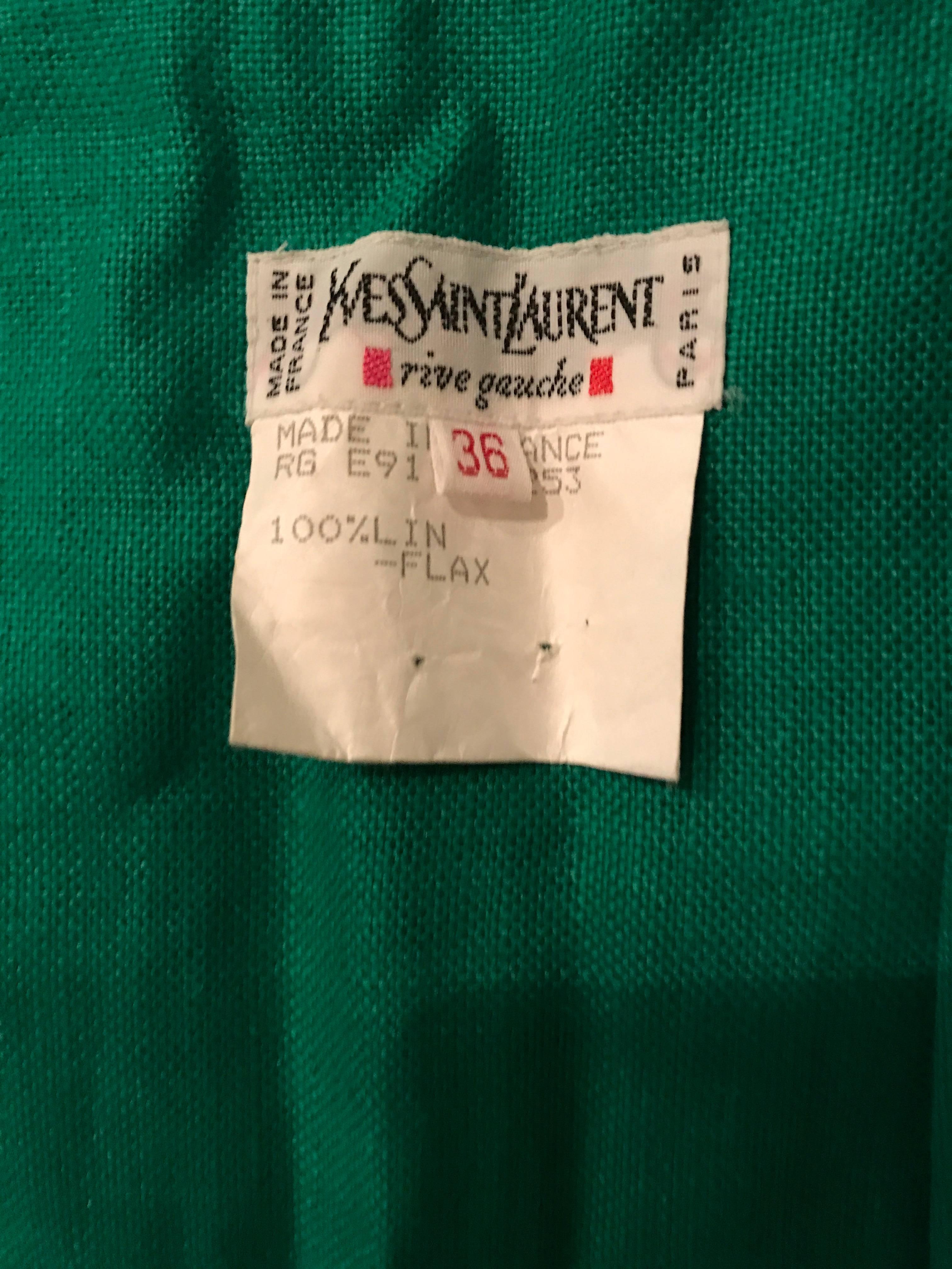 Vintage Yves Saint Laurent Kelly Green 1990s Linen Sleeveless Linen Shirt Dress 5