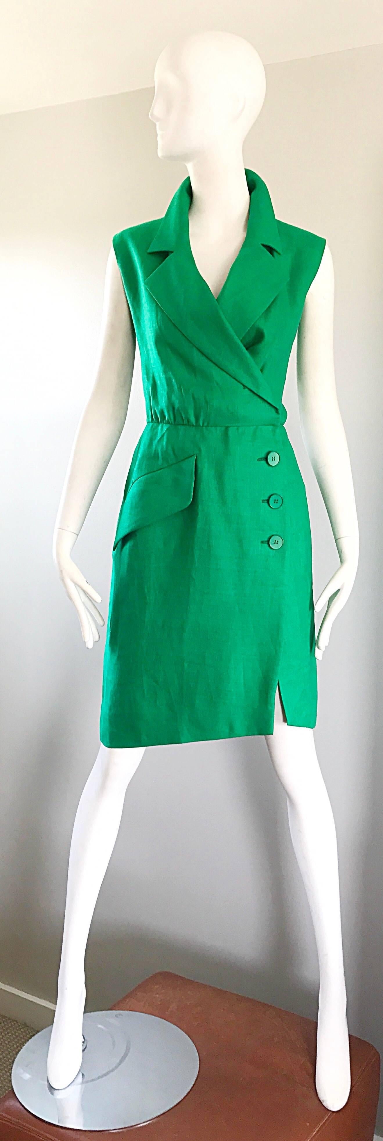 Chic 90s YVES SAINT LAURENT 'Rive Gauhce' Kelly / Emerald green sleeveless linen Tuxedo day dress! Features a double breasted style, with both interior and external buttons. Signature YSL Avant Garde lapels. Large pocket at right side hip.