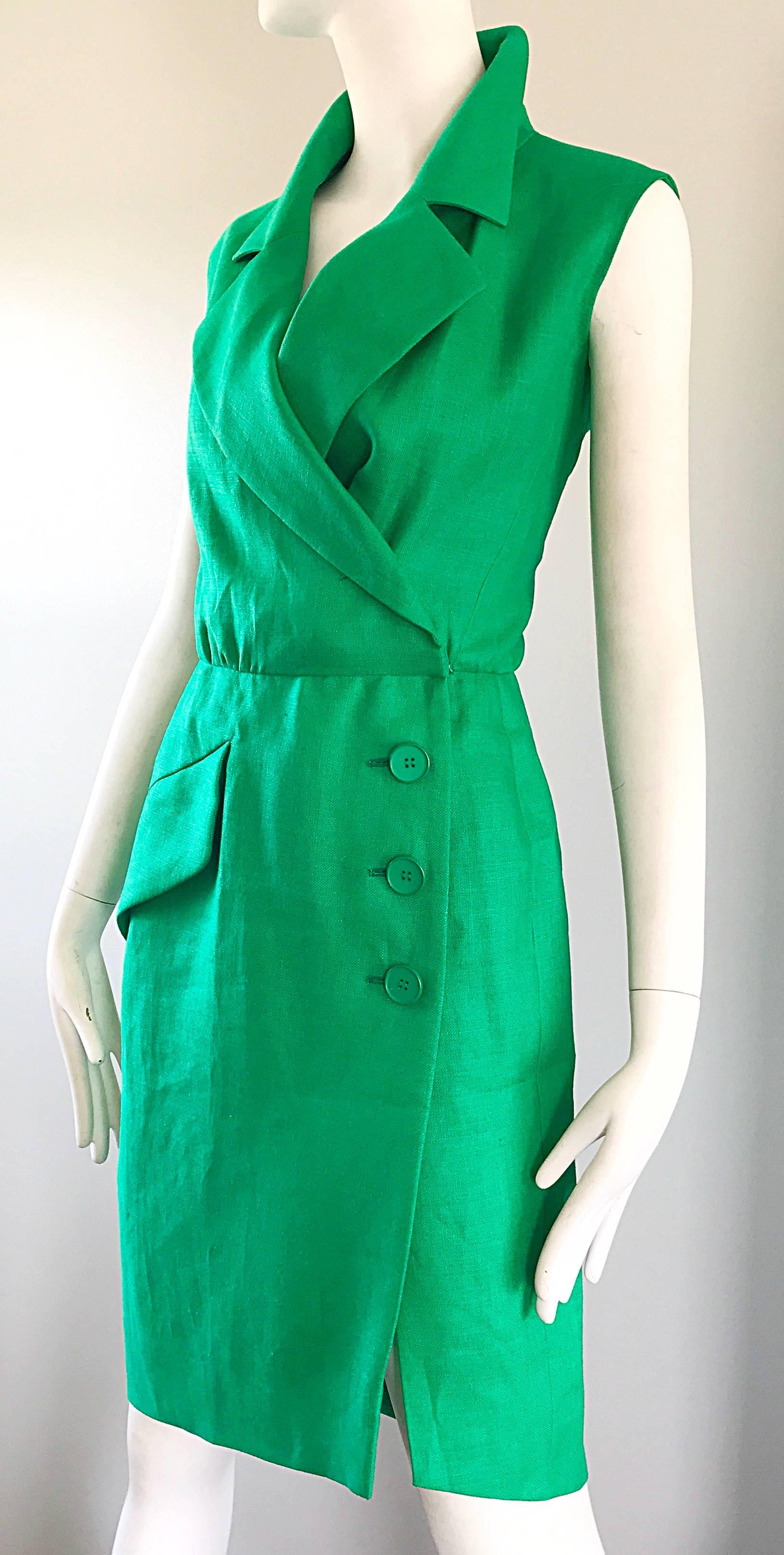 Vintage Yves Saint Laurent Kelly Green 1990s Linen Sleeveless Linen Shirt Dress In Excellent Condition In San Diego, CA