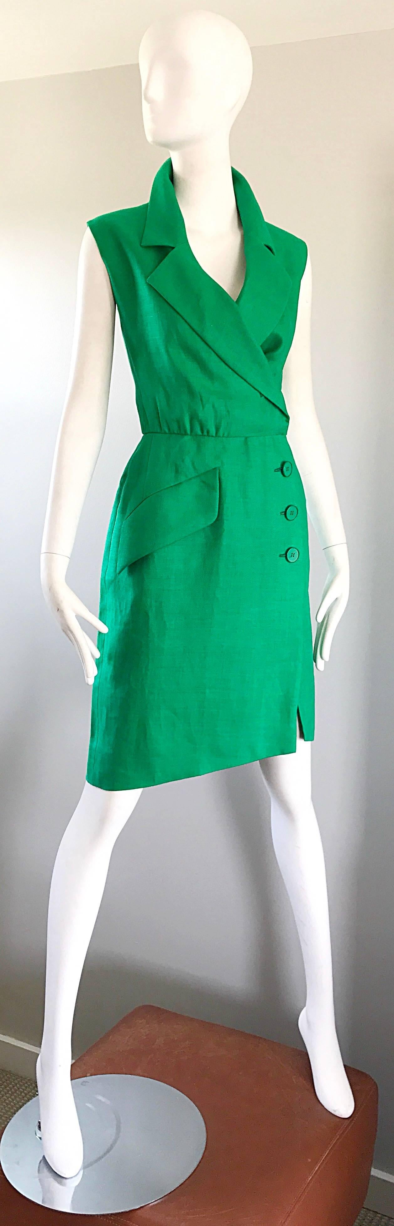 Vintage Yves Saint Laurent Kelly Green 1990s Linen Sleeveless Linen Shirt Dress 3