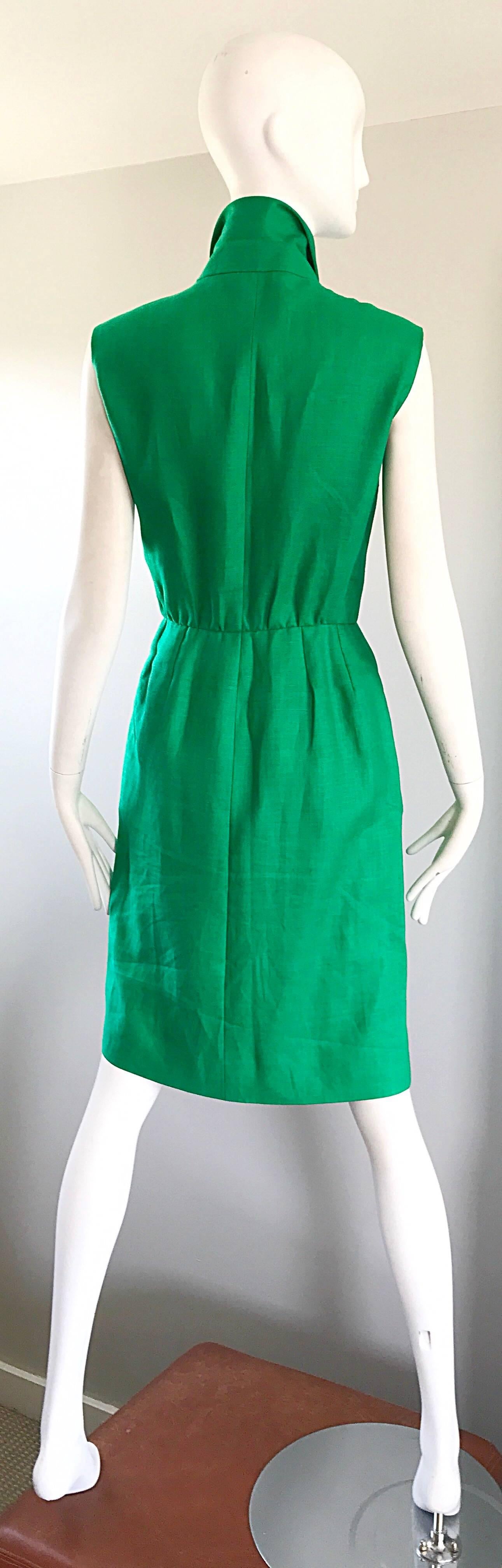 Women's Vintage Yves Saint Laurent Kelly Green 1990s Linen Sleeveless Linen Shirt Dress