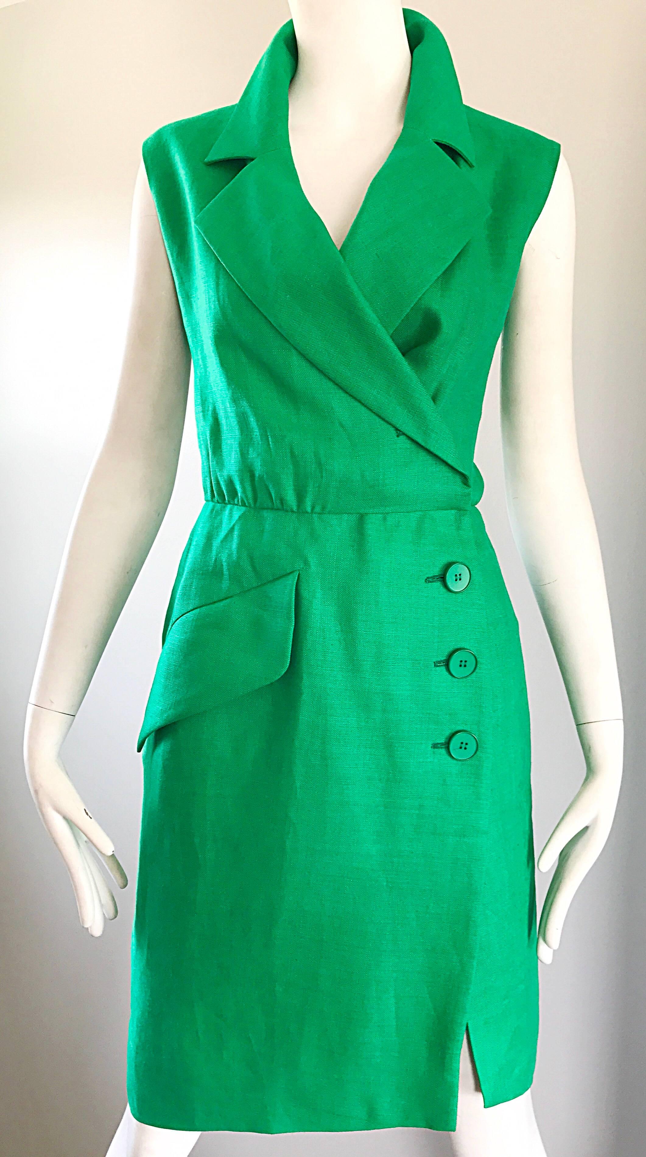 Vintage Yves Saint Laurent Kelly Green 1990s Linen Sleeveless Linen Shirt Dress 1
