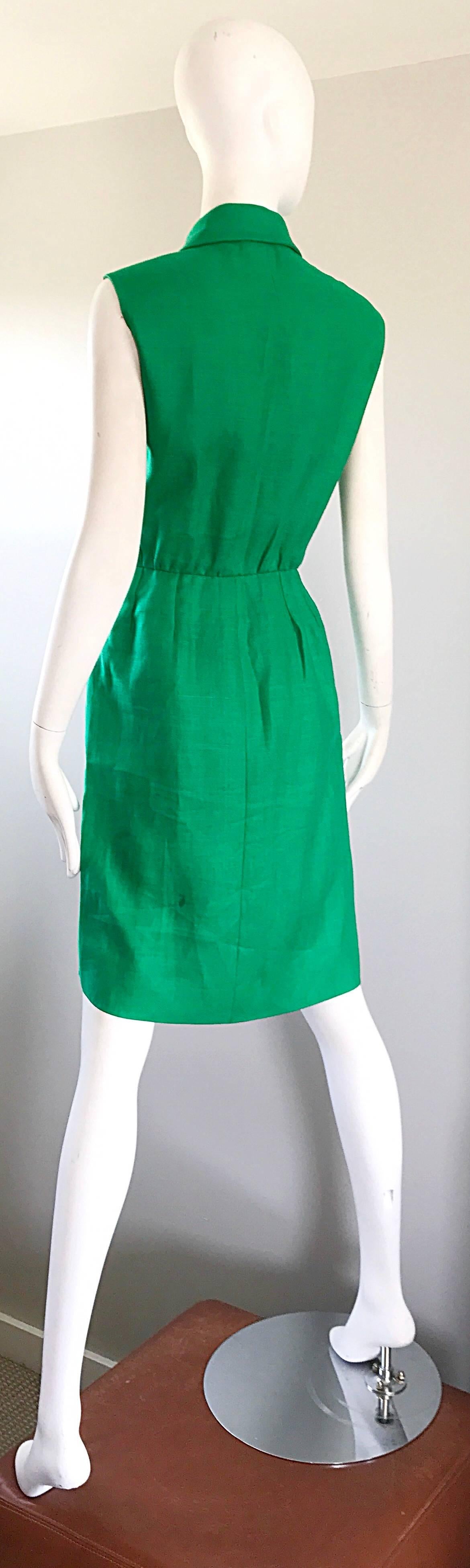Vintage Yves Saint Laurent Kelly Green 1990s Linen Sleeveless Linen Shirt Dress 2
