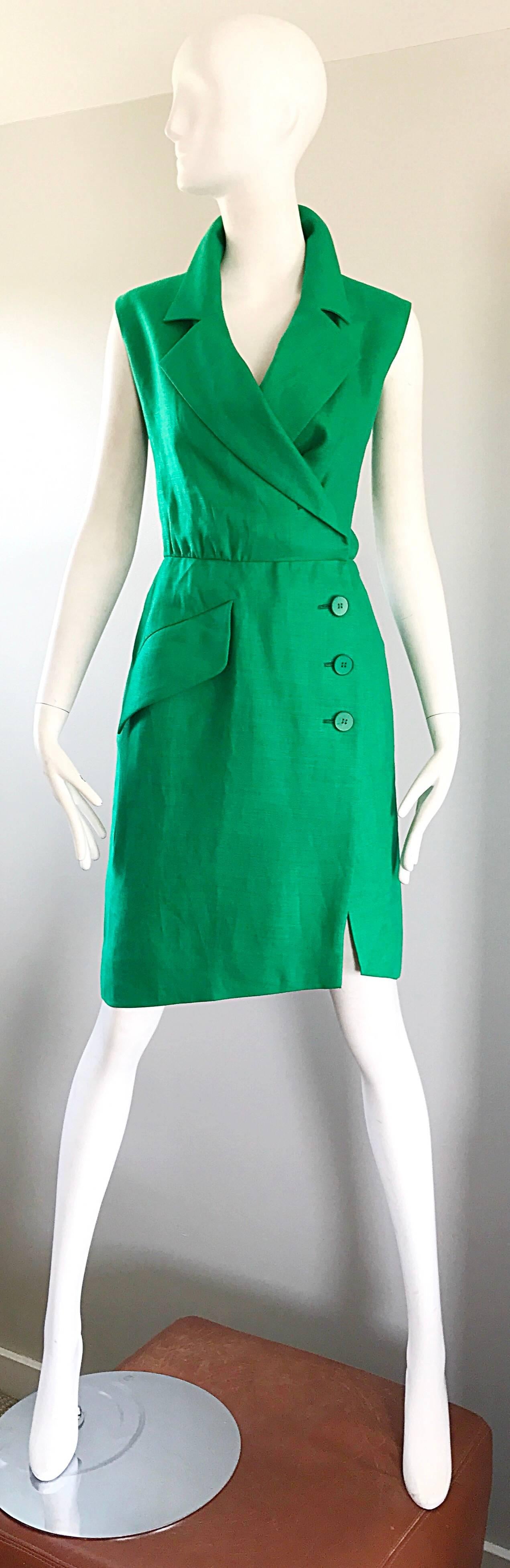 Vintage Yves Saint Laurent Kelly Green 1990s Linen Sleeveless Linen Shirt Dress 4