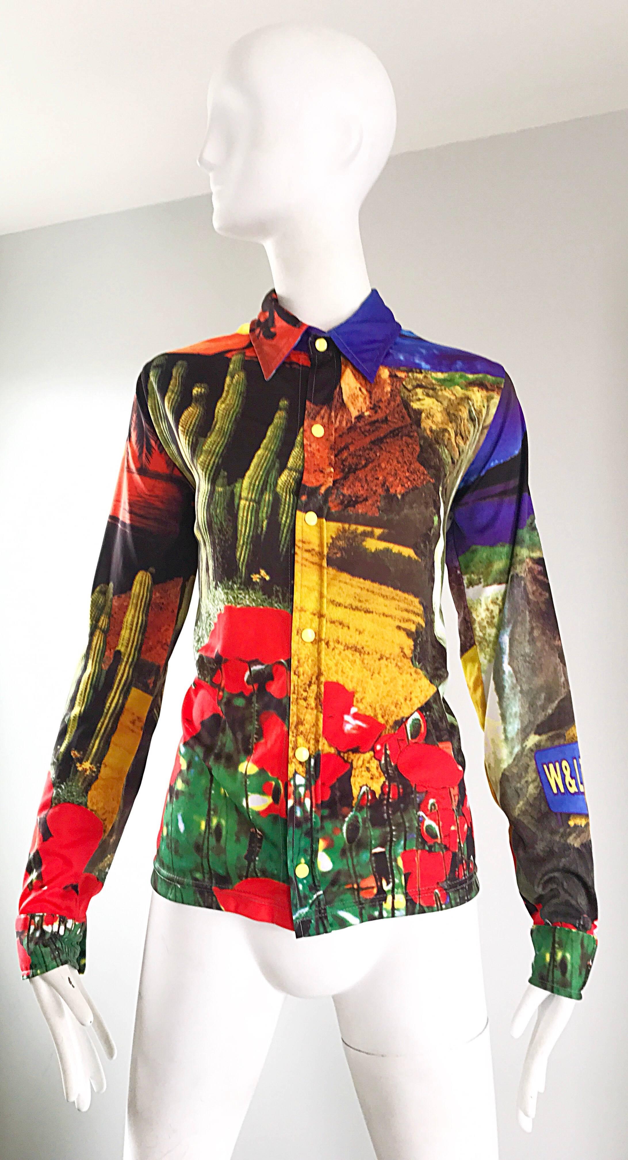 Amazing and super rare musueM piece WALTER VAN BEIRENDONCK unisex long sleeve shirt! Features a photo reel print, with flowers, the desert, freeways, mountains, and the W.&L.T. Logo ( Kiss the future! Wild and Lethal Trash ), etc. throughout.