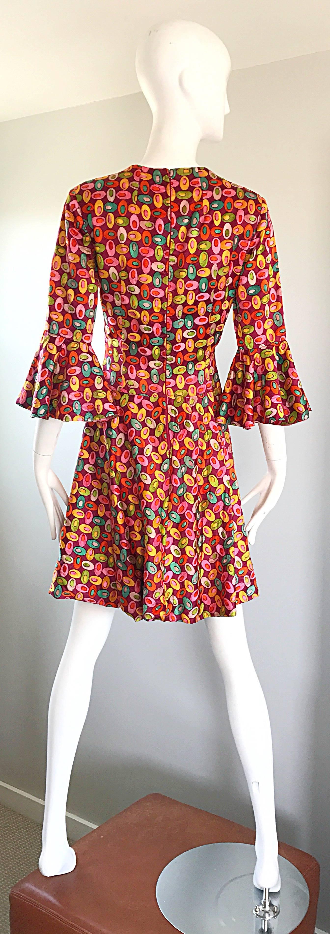 Brown Chic 1960s Pucci Style Bell Sleeve Olive Print Silk Vintage 60s A Line Dress For Sale