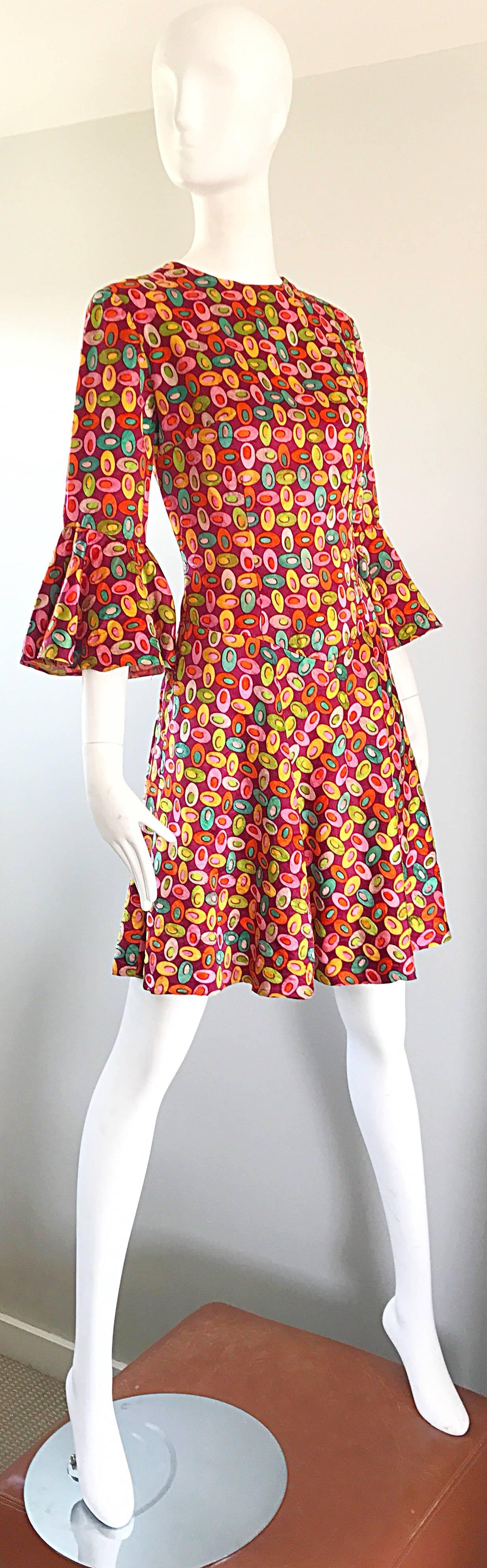 Chic 1960s Pucci Style Bell Sleeve Olive Print Silk Vintage 60s A Line Dress In Excellent Condition For Sale In San Diego, CA