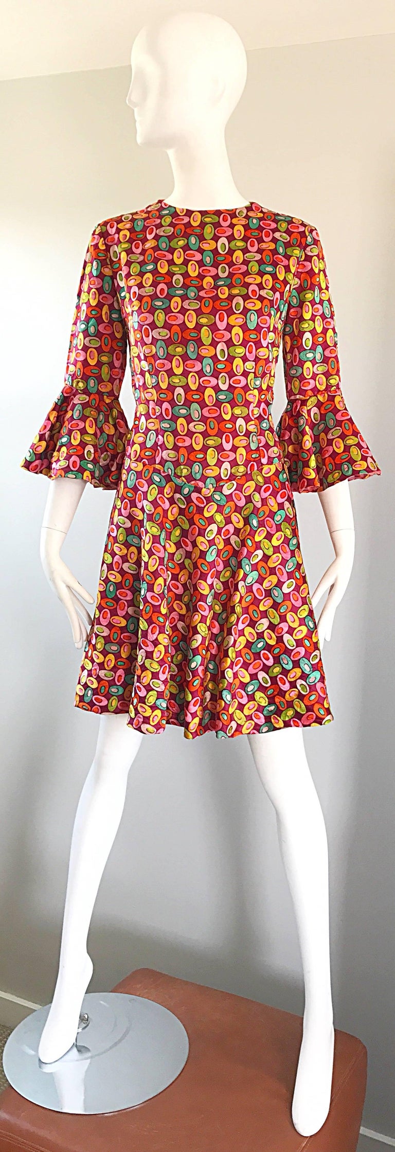 Chic 1960s Pucci Style Bell Sleeve Olive Print Silk Vintage 60s A Line Dress  For Sale at 1stDibs