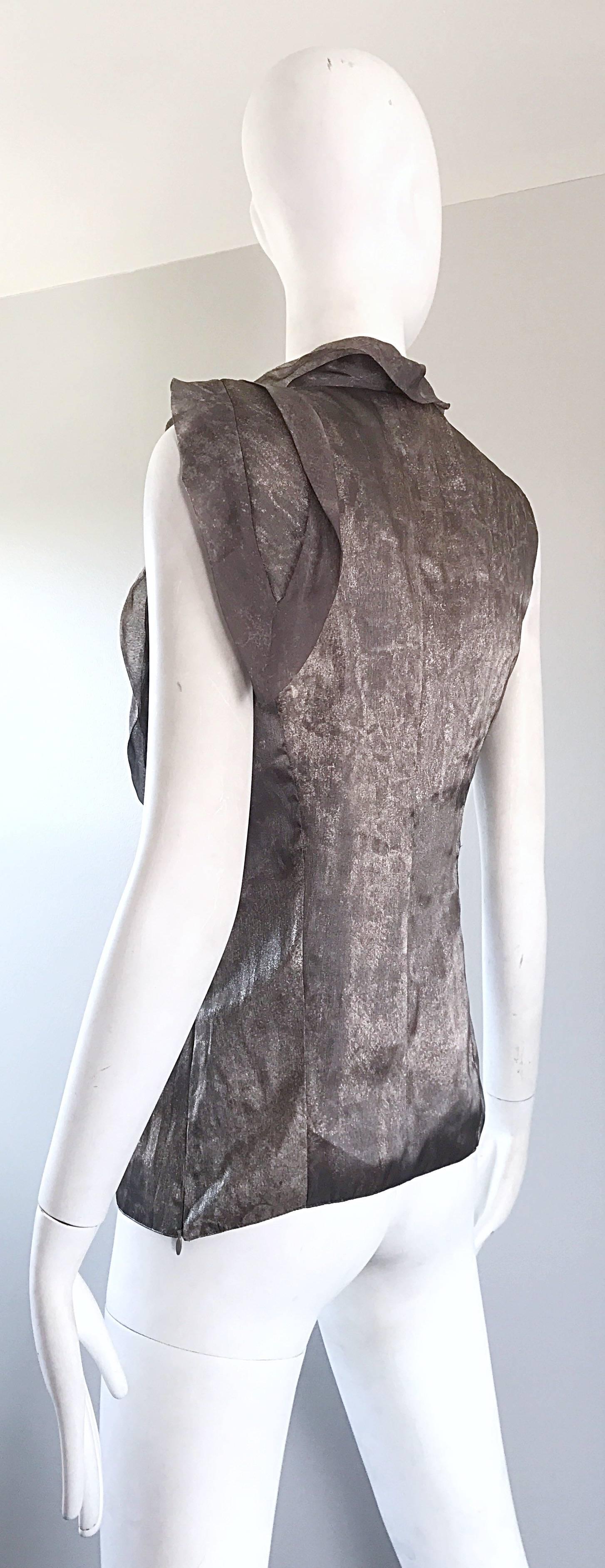 Giorgio Armani 1990s Silver Gunmetal Avant Garde Vintage 90s Silk Blouse Top For Sale 2